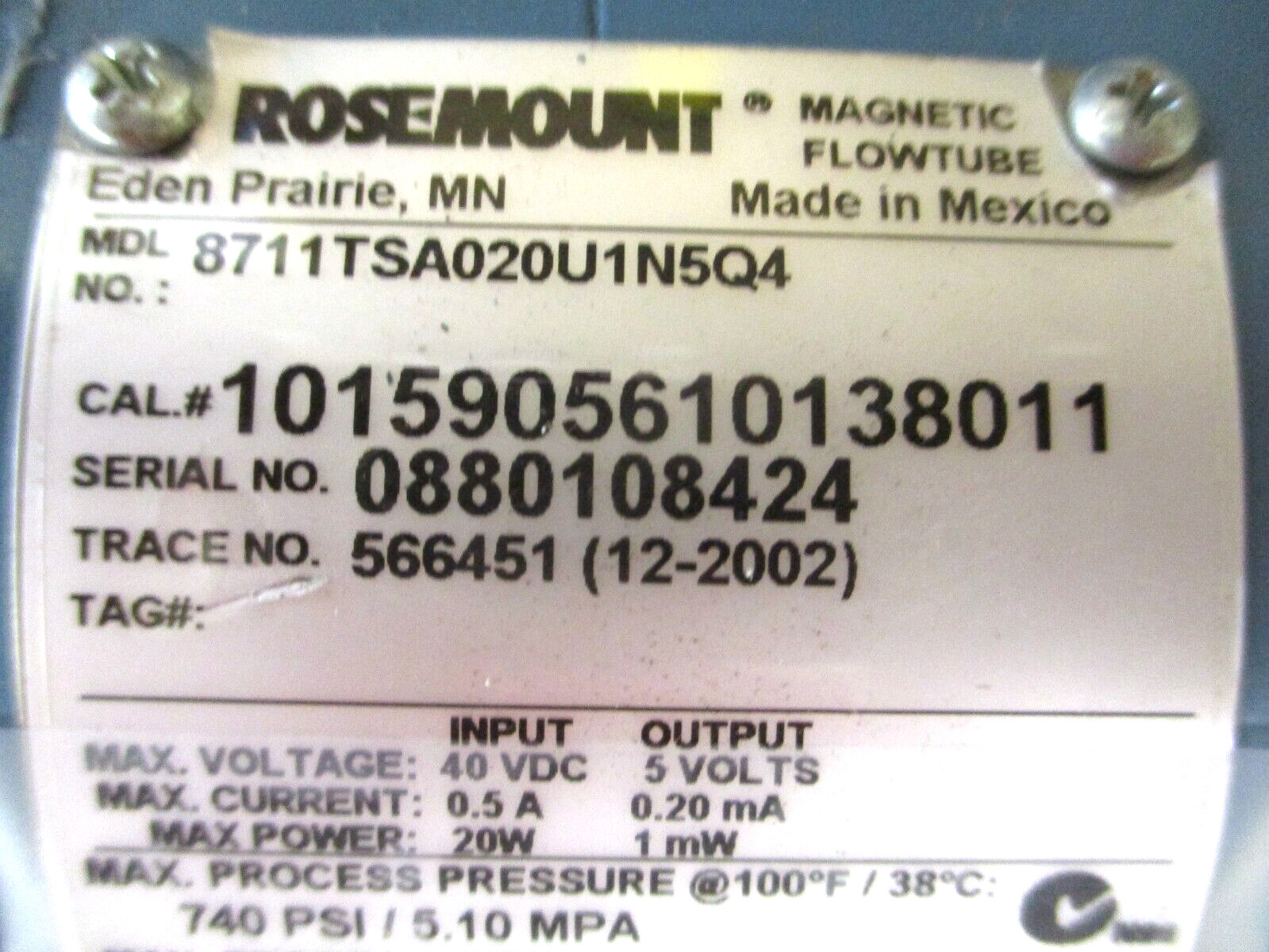 ROSEMOUNT , WAFER FLOWTUBE SENSOR , 2.0 INCH , 8711TSA020U1N5Q4 , CLEAN-USED