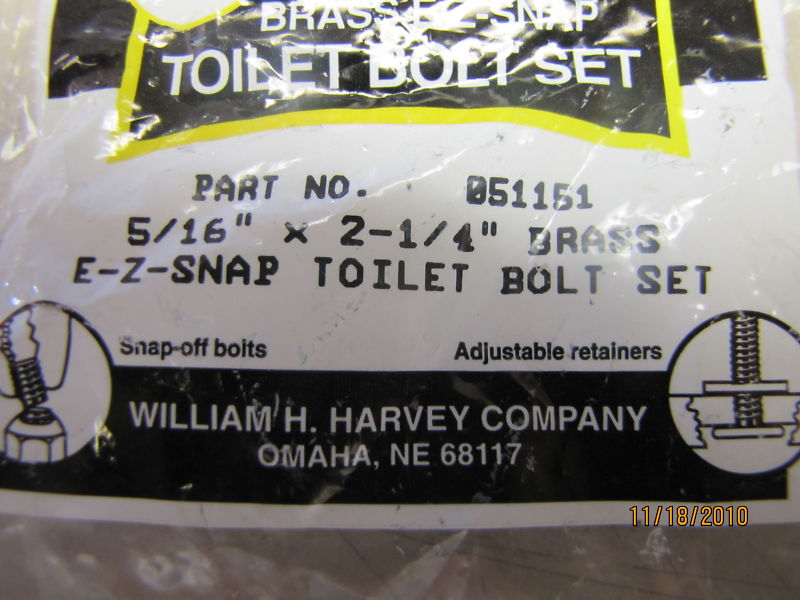 HARVEY’S BRASS E-Z-SNAP TOILET BOLT SET 051151 5/16″ X 2-1/4″ NEW