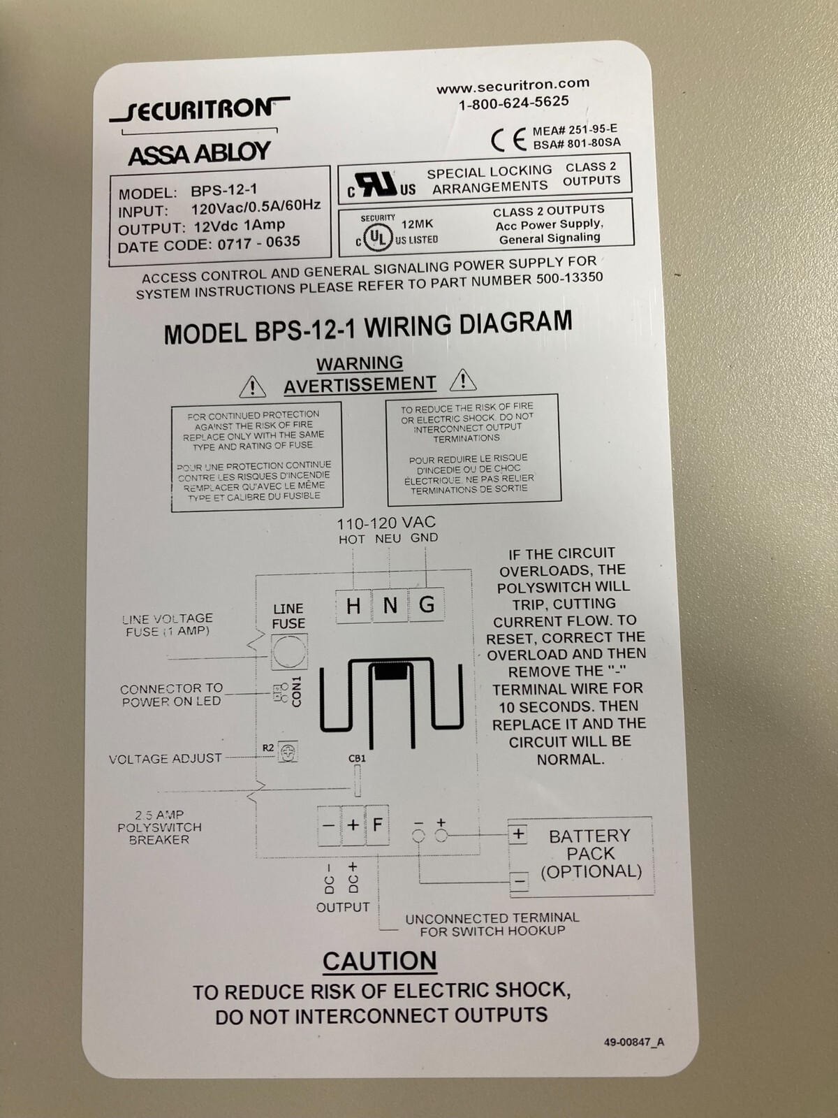 New Securitron BPS-12-1 Power Supply 12VDC -1 Amp