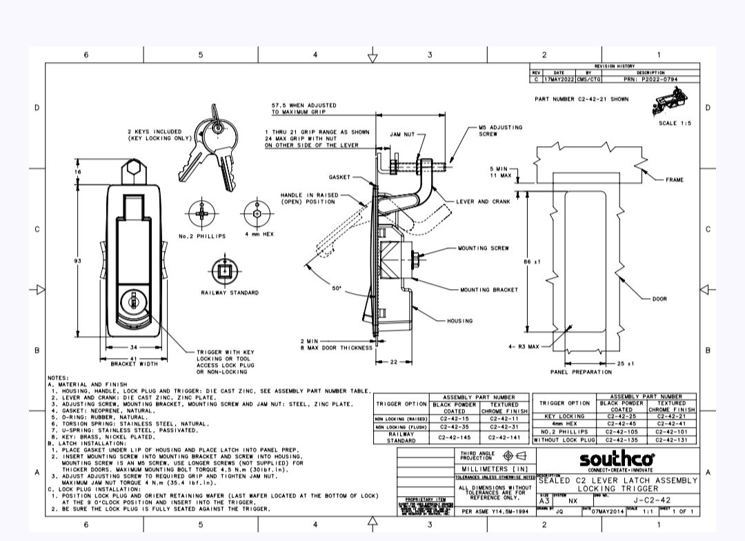 Southco C2-42-25 Compression Lever Latch Locking Black Flush Mount