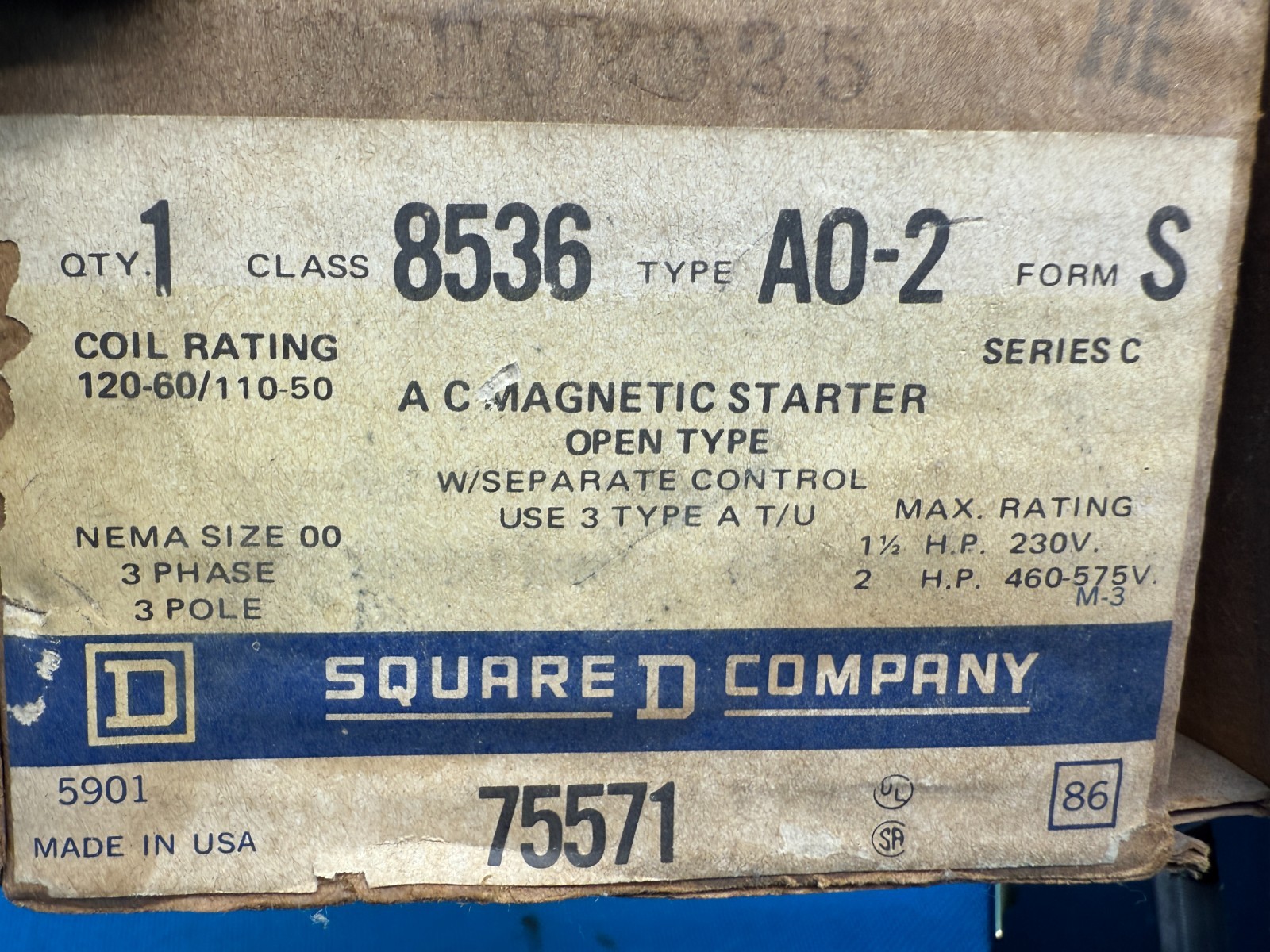 Square D 8536 Type A0-2 NEMA Size-00 3-Phase A/C Magnetic Motor Starter