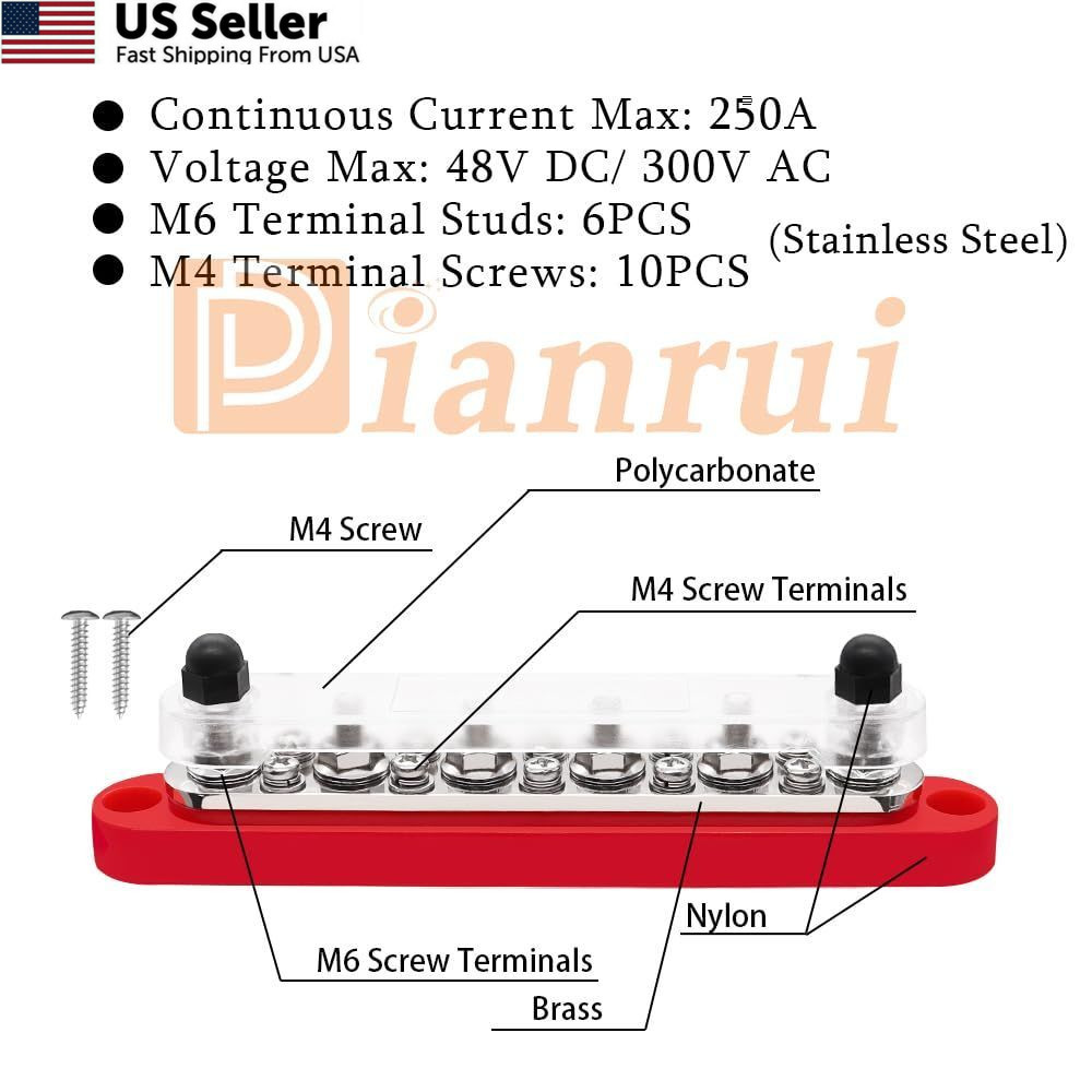 Dianrui 12V Bus Bar 1/4″ Power 6×1/4″(M6);10x#8(M4), Red and Black
