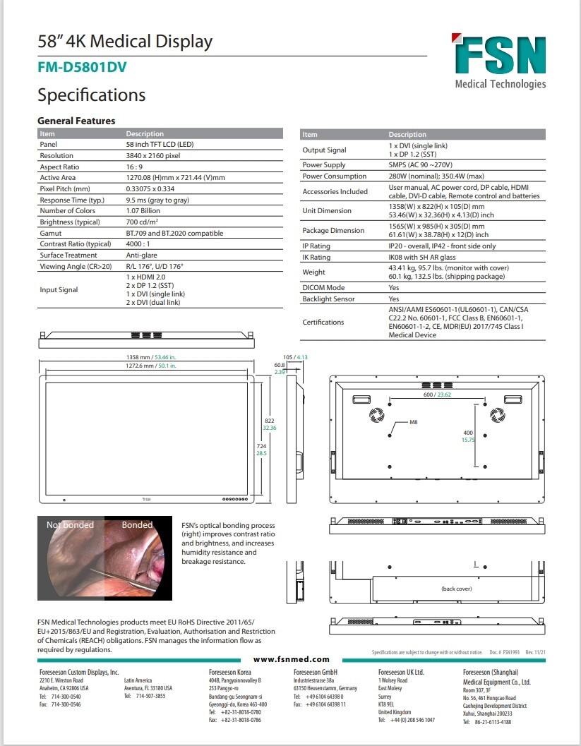 FSN FM-D5801DV 58-INCH 4K UHD SURGICAL LCD MONITOR