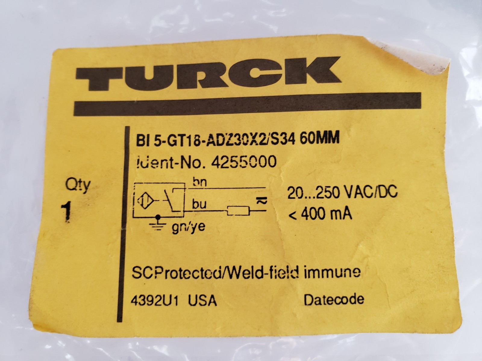 TURCK BI5-GT18-ADZ30X2/S34 INDUCTIVE SENSOR 20-250V AC/DC 60MM (4255000) NIB