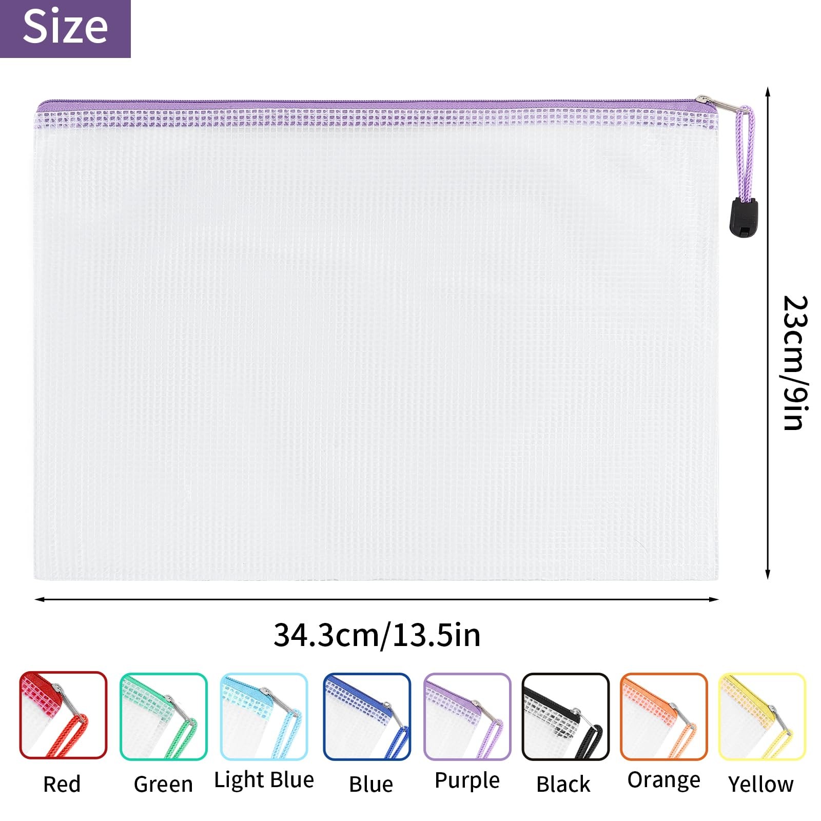 8pcs Mesh Zipper A5, Black, Purple, Navy, Blue, Green, Yellow, Orange, Red