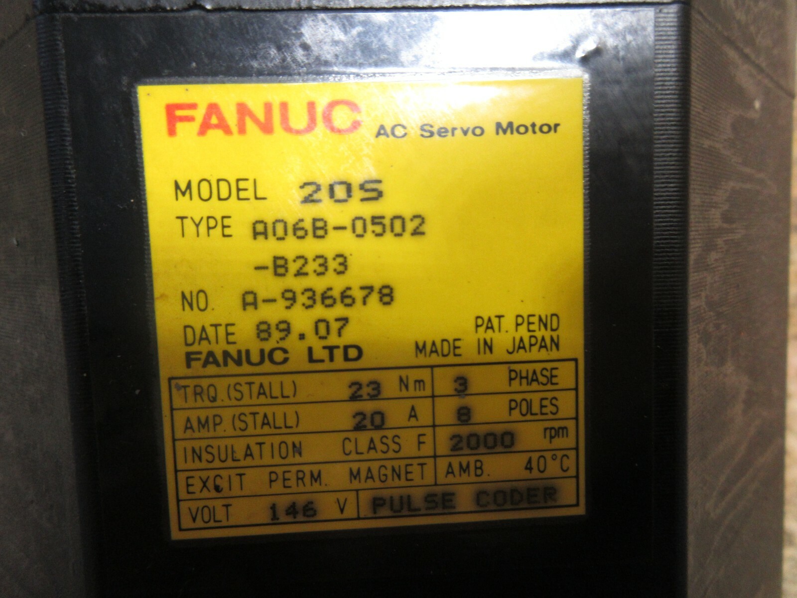 FANUC AC SERVO MOTOR 20S A06B-0502-B233 NO. A-936678 120 DAY WARRANTY