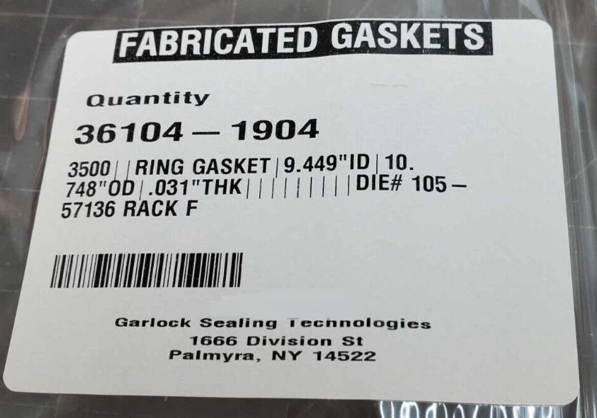 (10 PACK) 9.449” ID X 10.748” OD Ring Gasket GARLOCK GYLON 1/32” Thick [C4S2]
