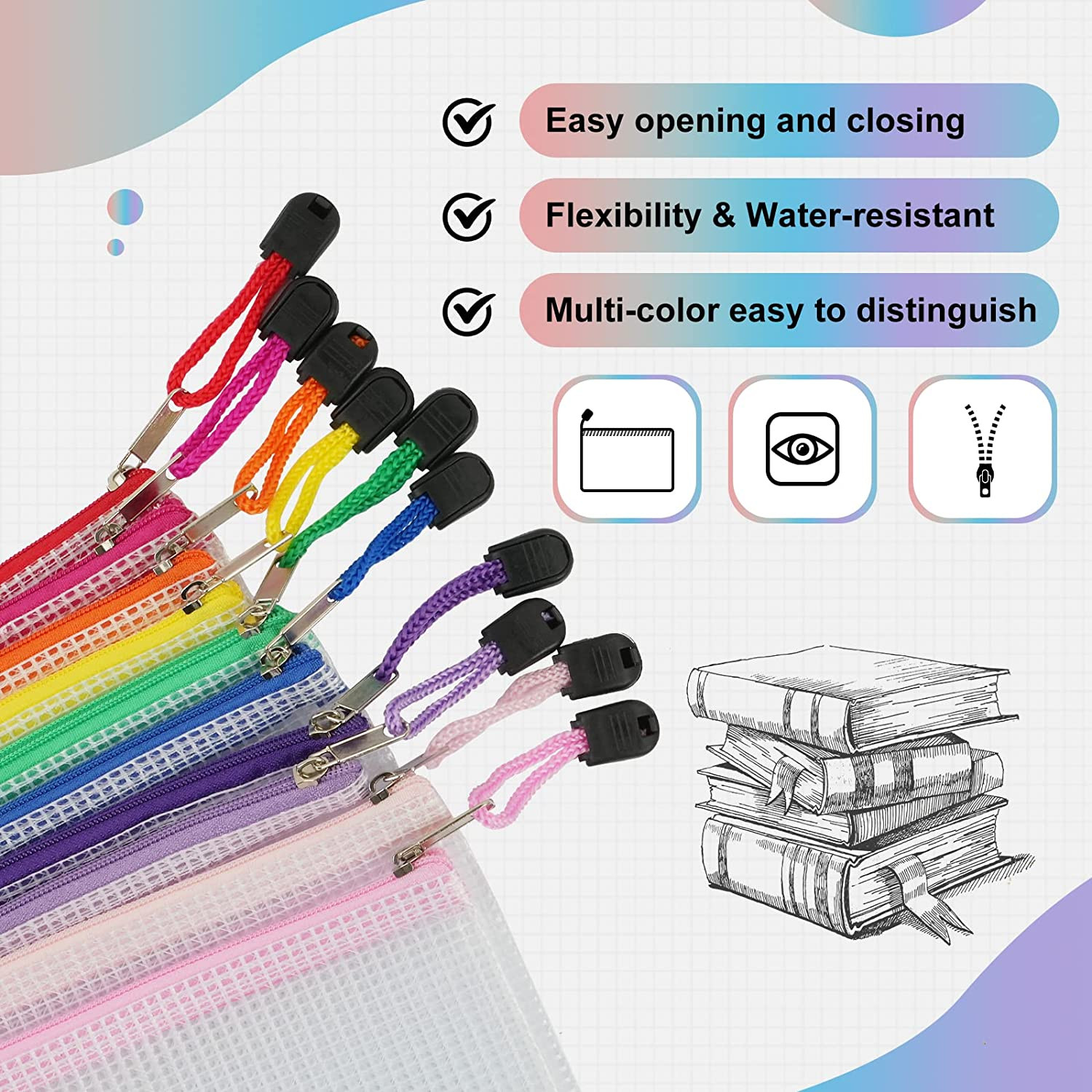 12Pcs Multi-Size Mesh Zipper Pouches, 6 Sizes, 12 Colors Waterproof