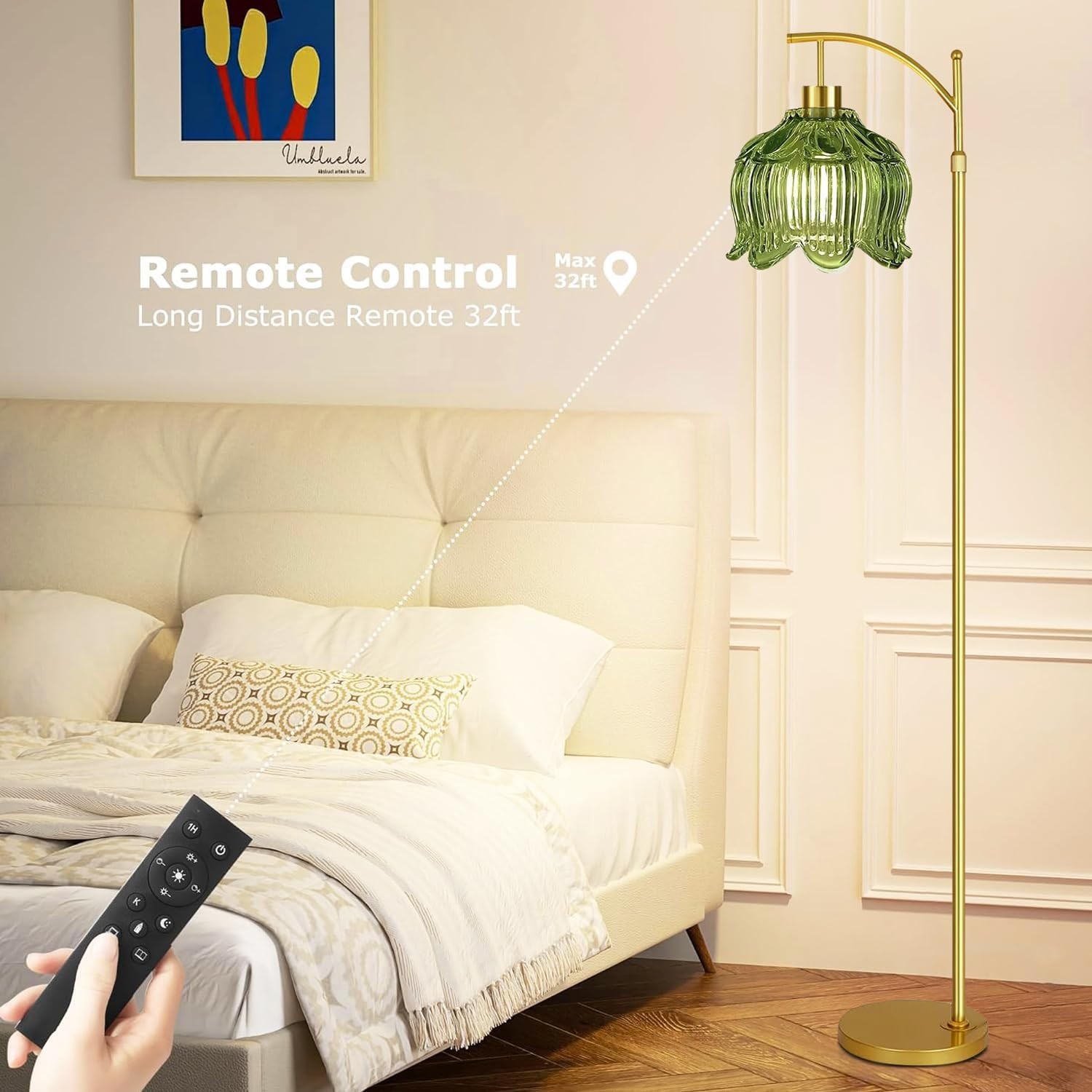 Mid Century Modern Gold Floor Lamp with Remote – Dimmable Brass & Green Glass Ar