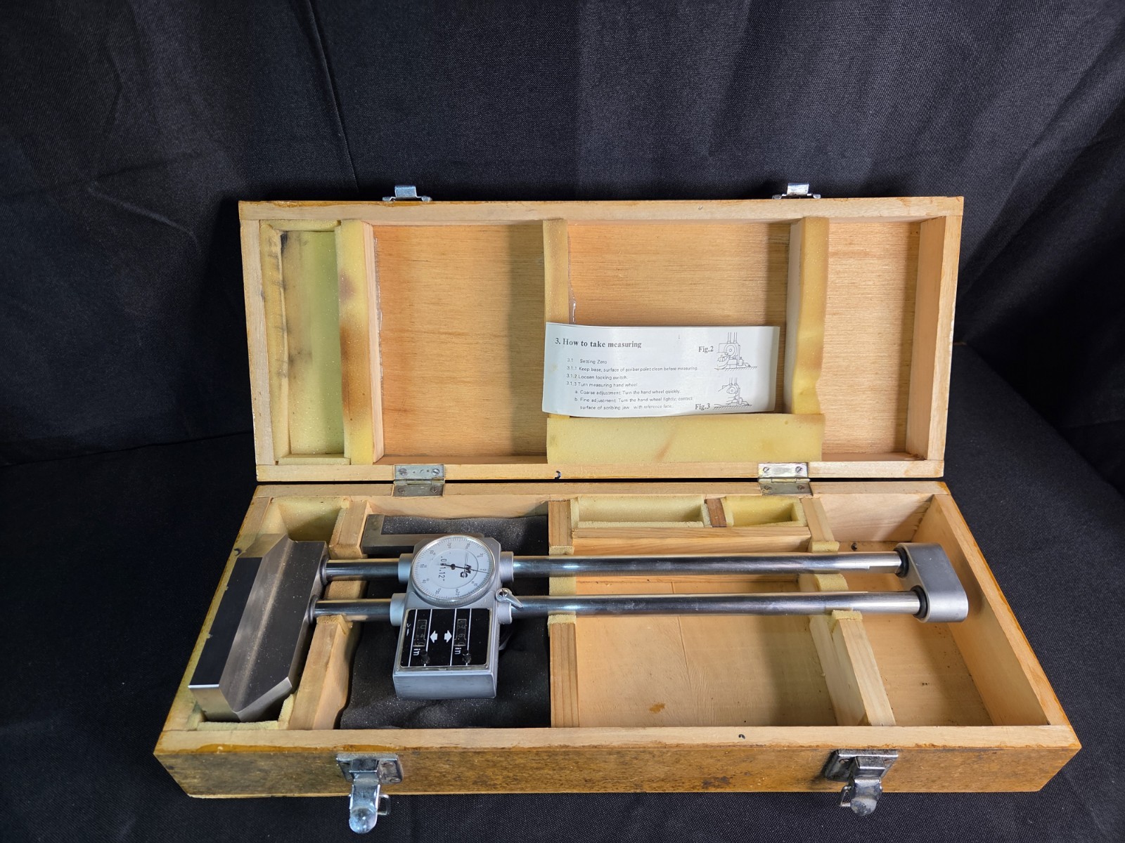 Double Column Height dial Gauge. 18″ x 6″ x 4″, MG Brand – Original Wooden Case