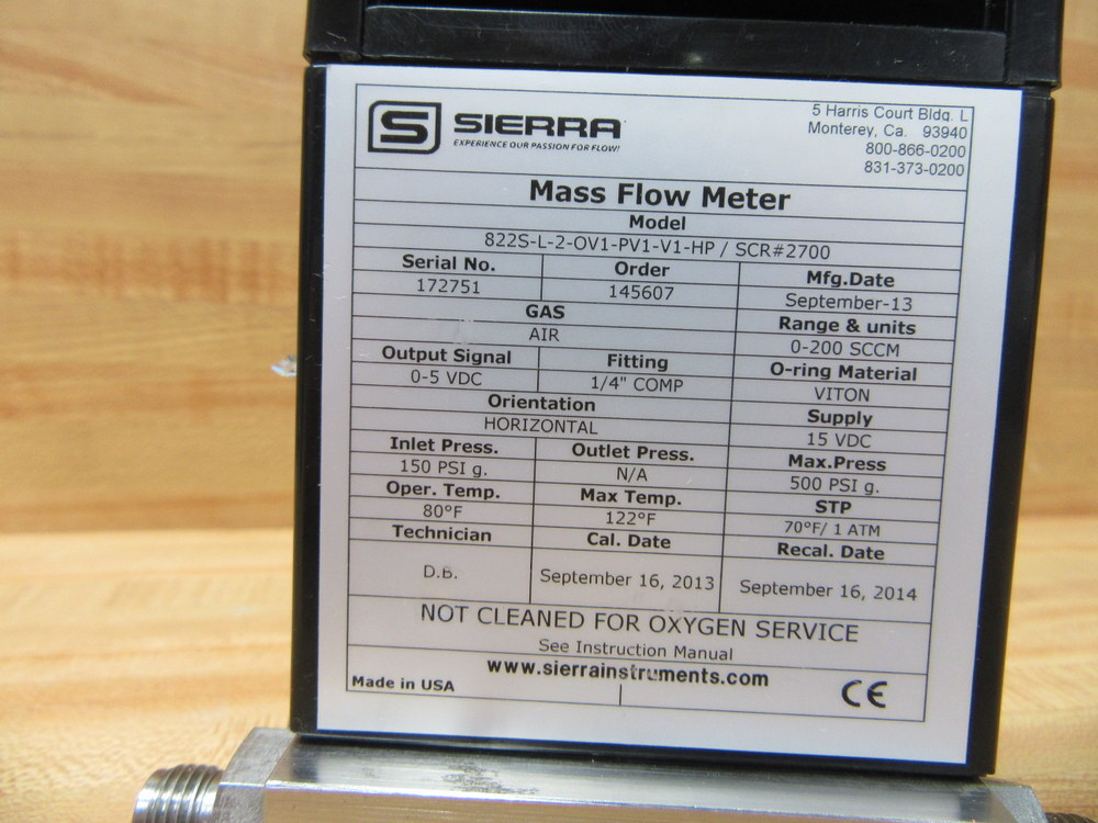 Sierra 822S-L-2-OV1-PV1-V1-HP/SCR #2700 Mass Flow Meter 0-200 SCCM 15 VDC