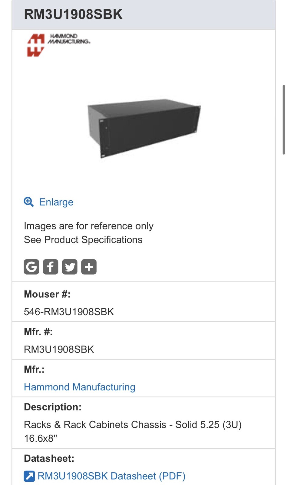 Hammond Mfg mouser 546-rm3u1908sbk Enclosure