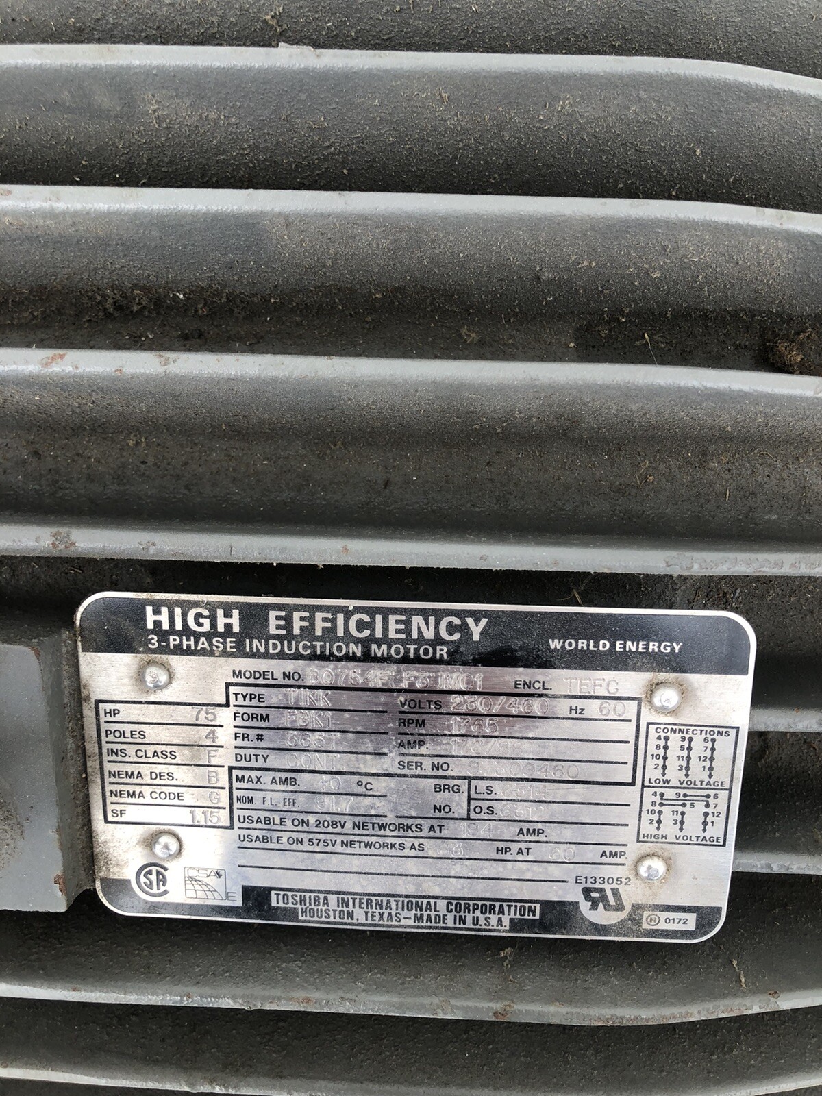 Toshiba 75HP Motor B0754FLF3UM01 w/ Cummins Onan Protec Generator Model 40YD CR