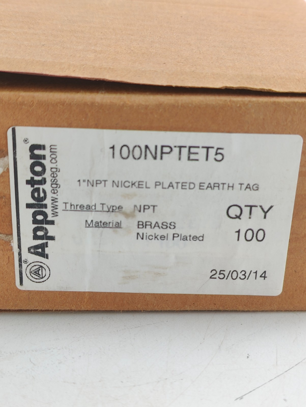 NEW BOX OF 100 pcs. 1″ NPT NICKEL PLATED BRASS EARTH TAG, 100NPTET5