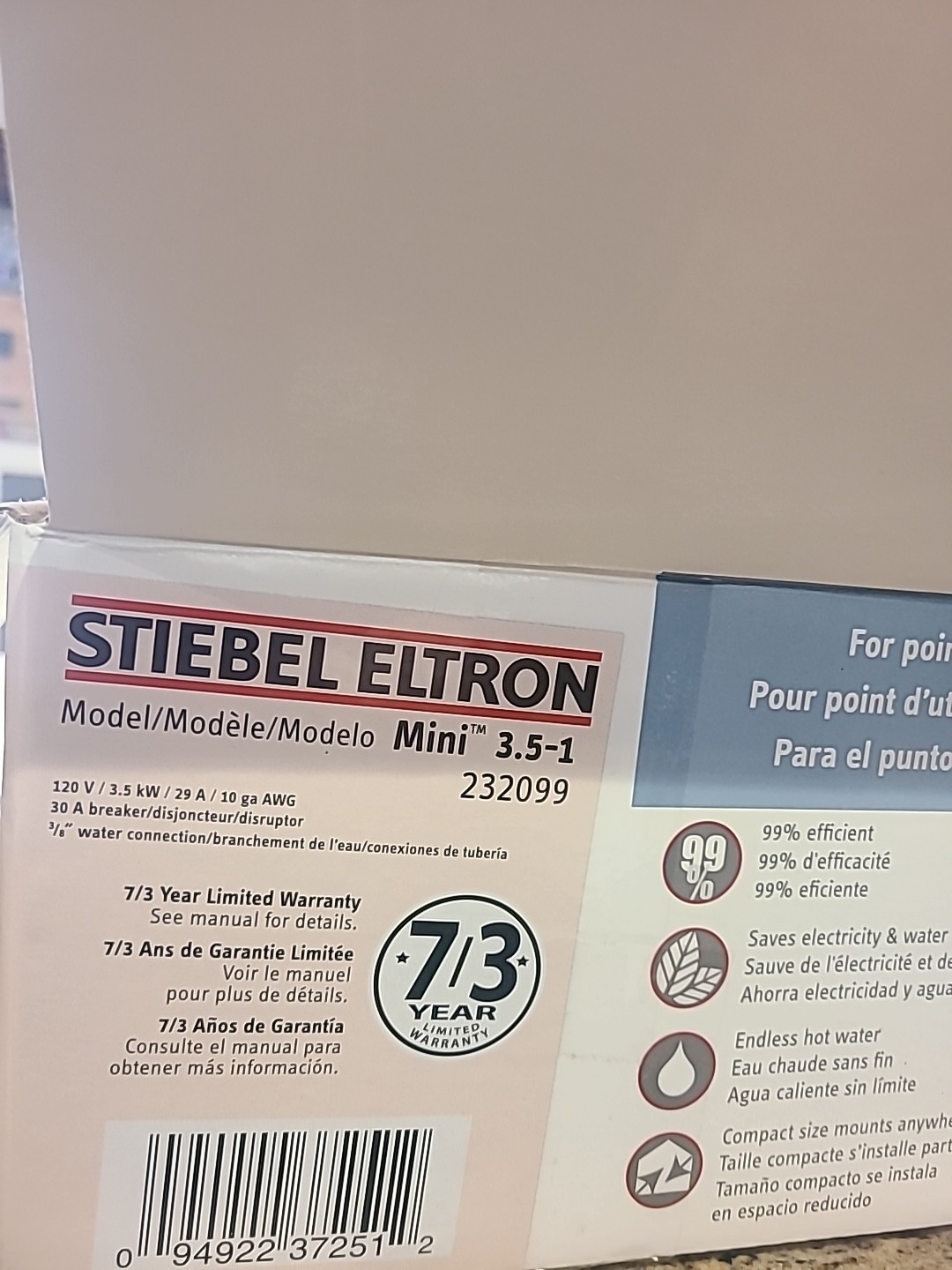 Stiebel Eltron 232099 Mini 3.5-1 Tankless Elec. Water Heater 120V 29A Open Box