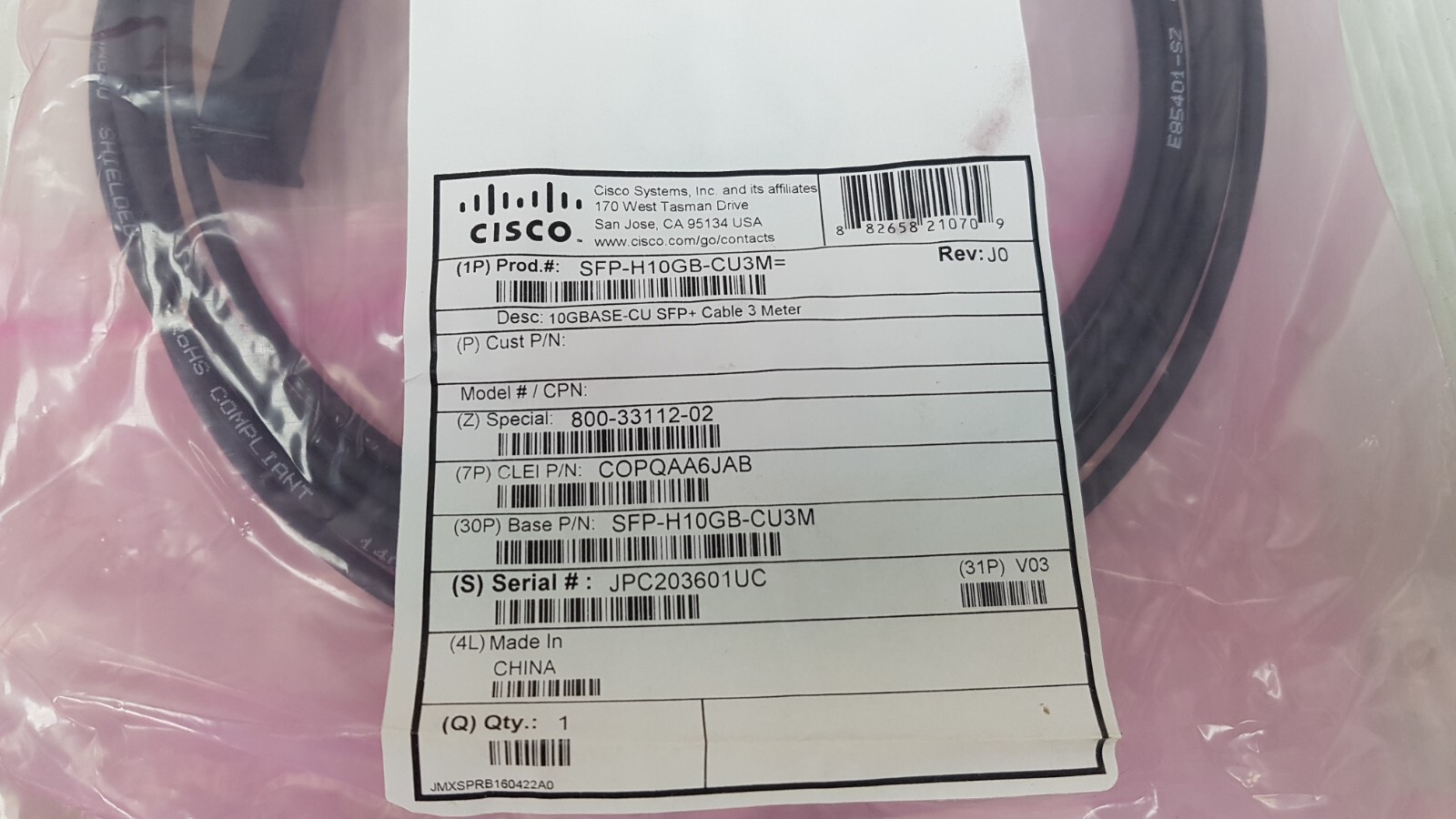 4pcs Cisco 37-0961-03 10GBASE-CU SFP+ 3 Meter Twinax Cable