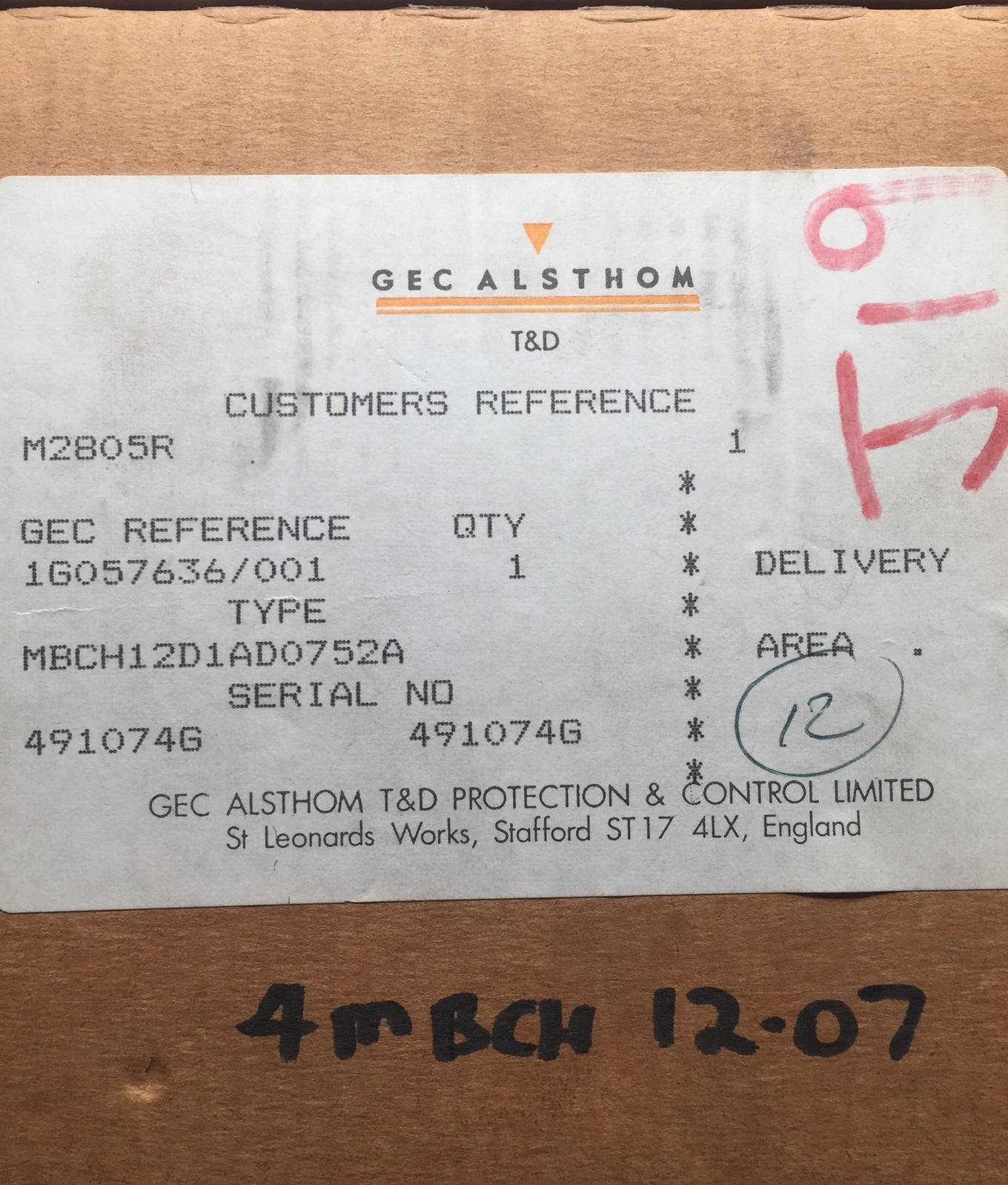 GEC Alsthom MBCH MBCH12D1AD0752A Differential Relay 110/125V 5A 50Hz