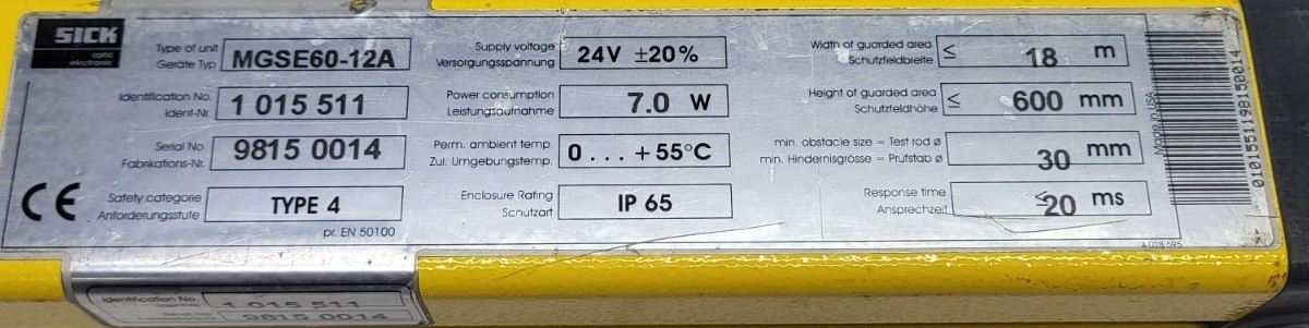 SICK MGSS60-12A SAFETY LIGHT CURTAIN 30-MGS, 1 015 511