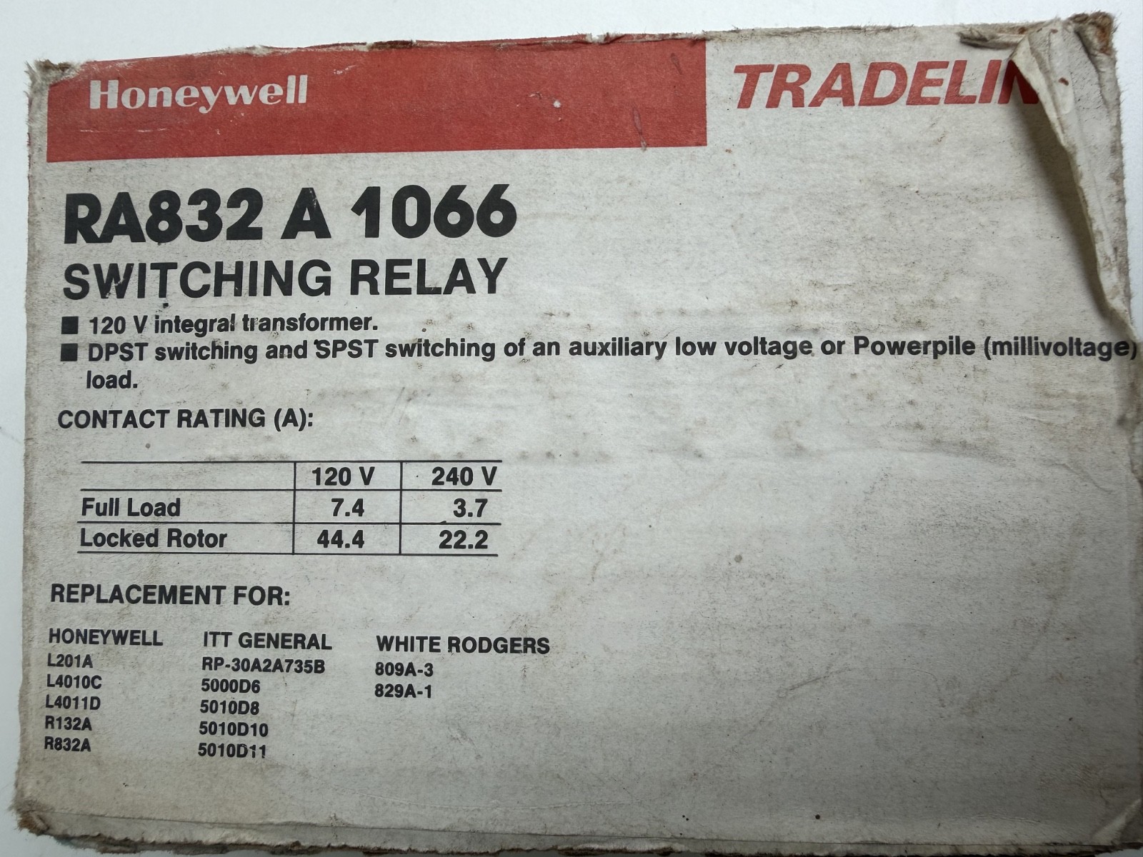 Honeywell RA832A1066 Hydronic Switching Relay 24 120V DPST NOS