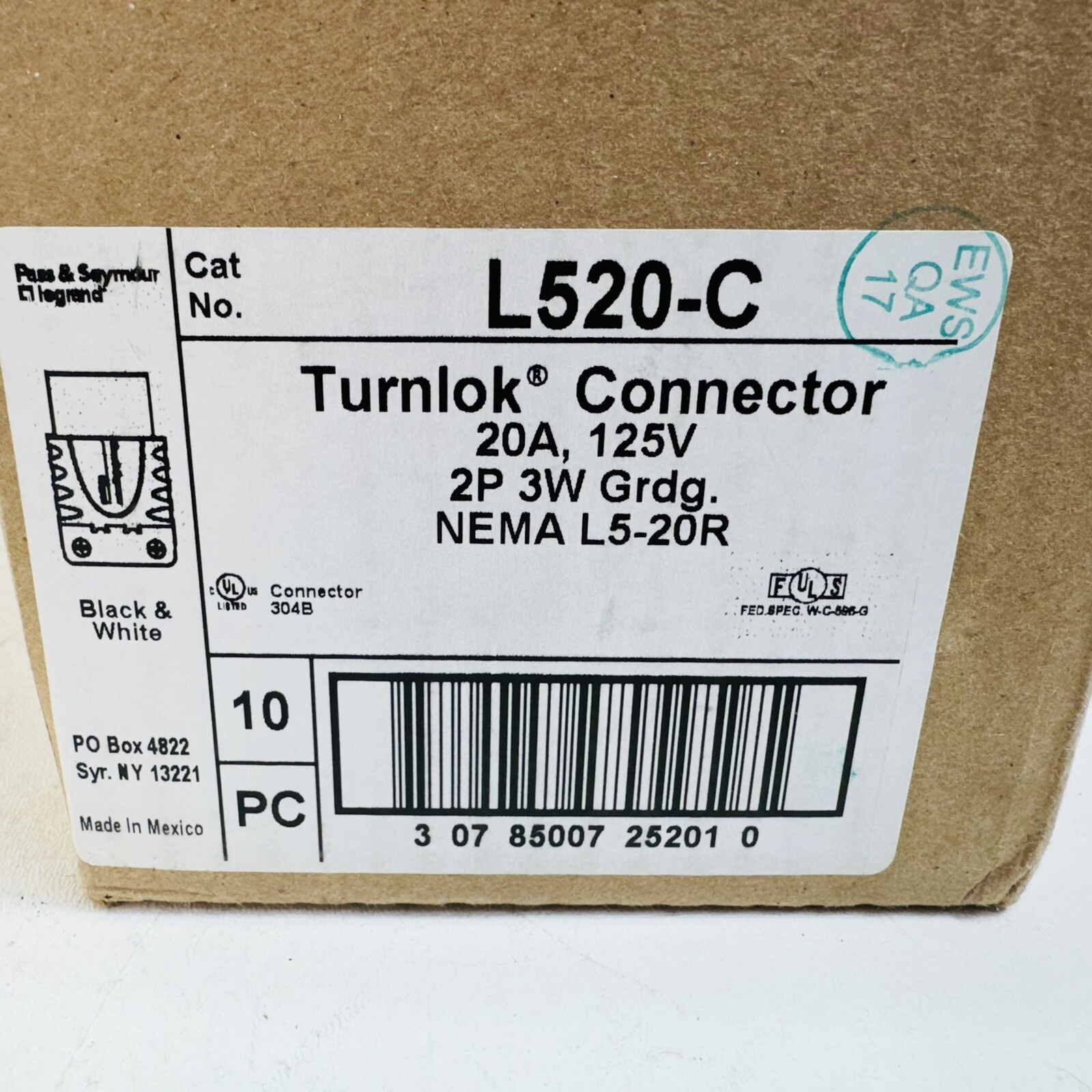 10 Pack LEGRAND PASS & SEYMOUR L520-C, Twist-Locking Socket, 2+E Poles, 20 A/12