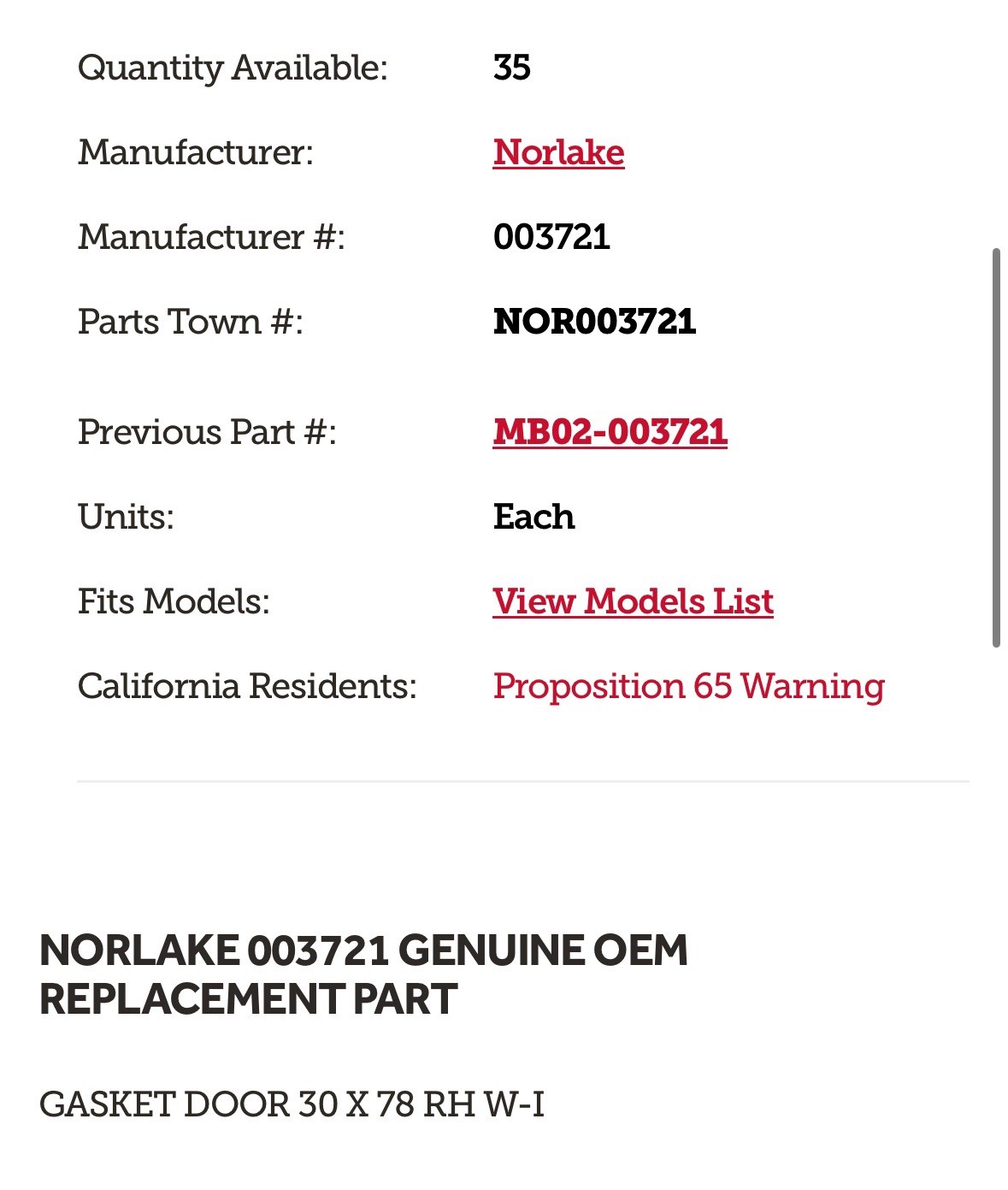 RH Walk In Door Gasket 30 x 78 – Nor Lake 3721
