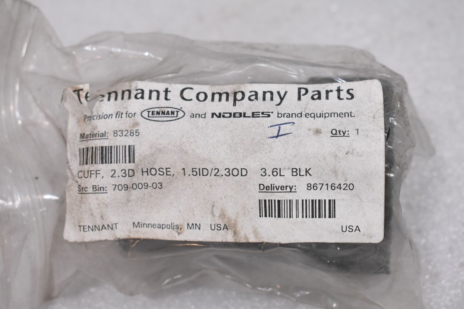 TENNANT 83285 CUFF 2.3D HOSE, 1.5 ID, 2.3 OD, 3.6 LENGTH BLACK GENUINE OEM PART