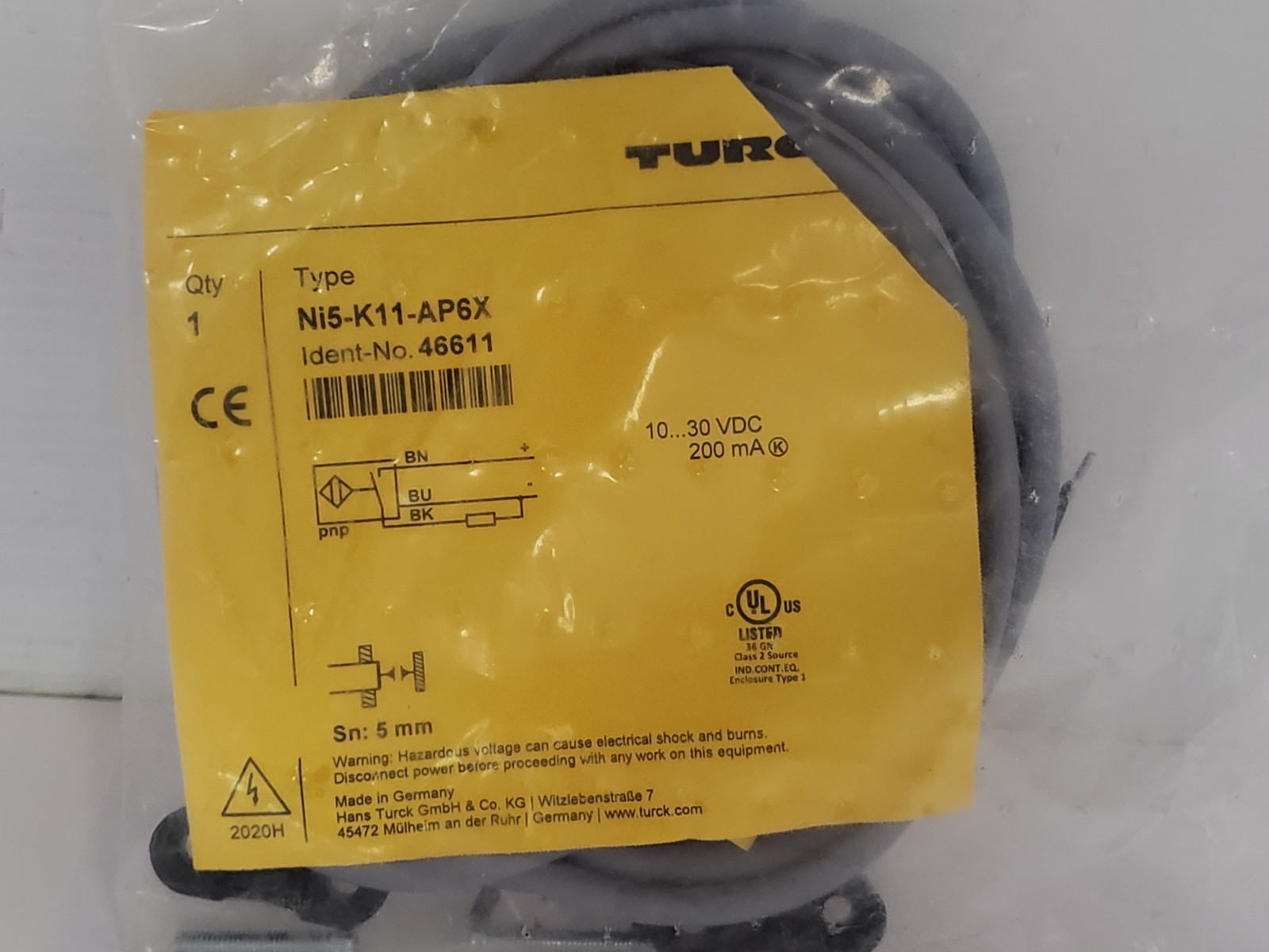 TURCK Ni5-K11-AP6X INDUCTIVE PROXIMITY SENSOR 10-30 VDC 3 WIRE PNP (46611) NIB