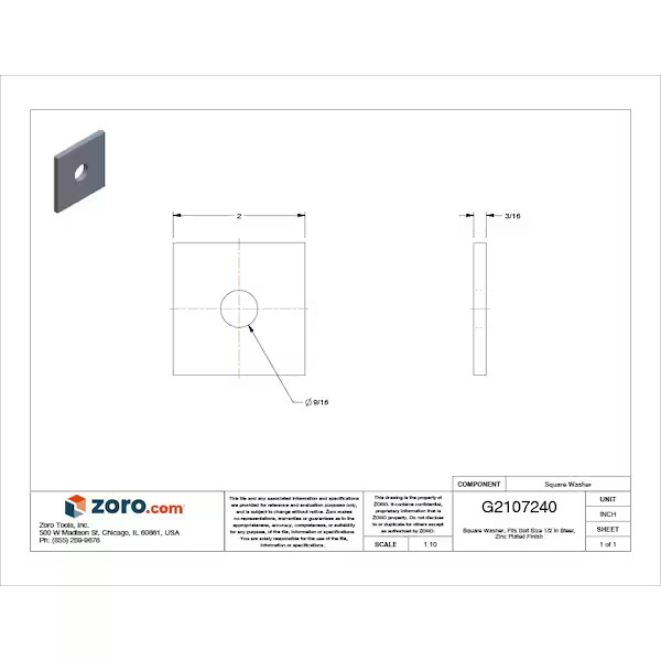 Square Washer, Fits Bolt Size 1/2 in ,Low Carbon Steel Zinc Plated Finish