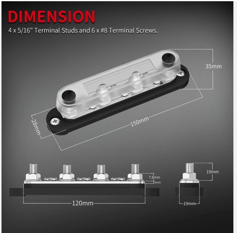DAIERTEK Negative Bus Bar 12V Marine 4 x 5/16″ (M8) Terminal BB150-T4M8S6-C-B