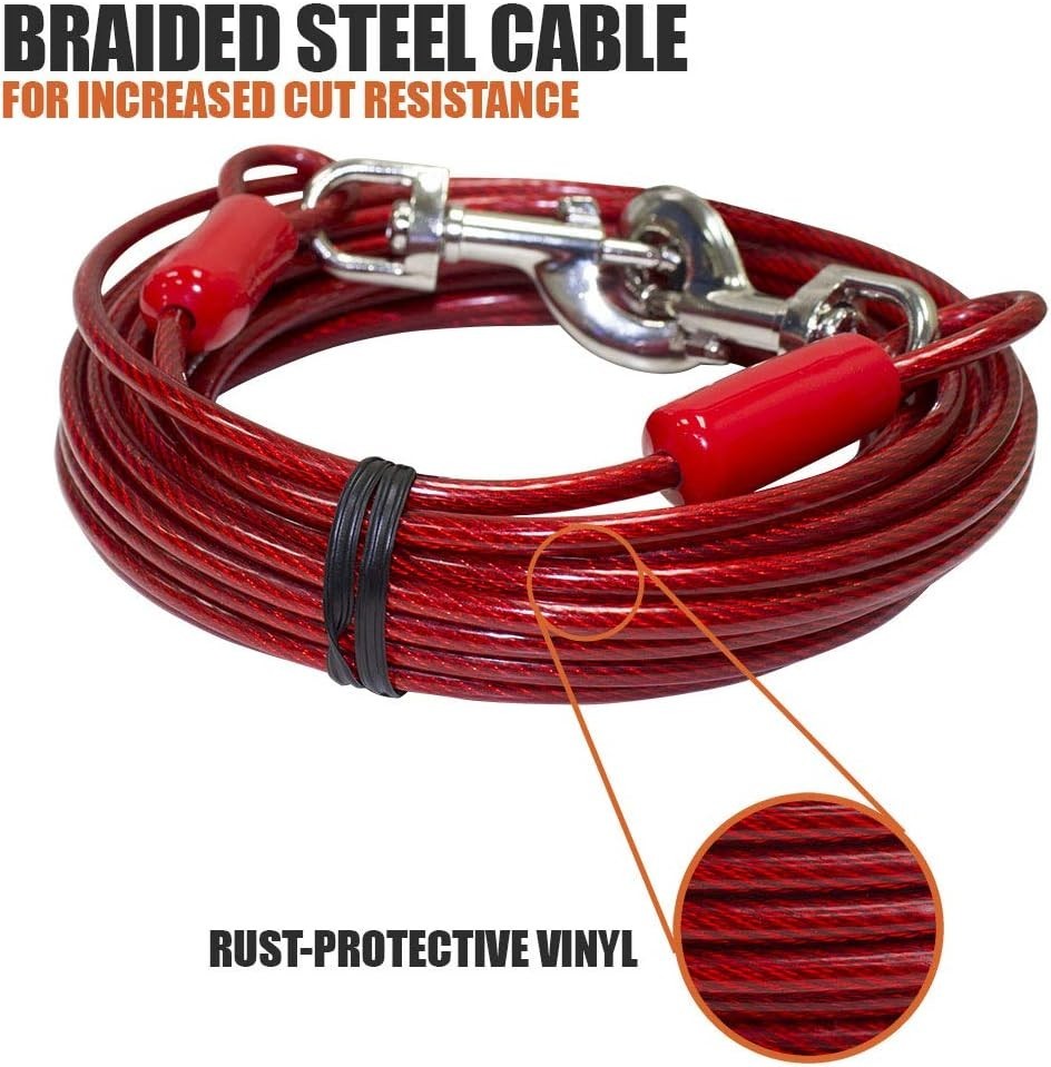 Dog Tie Out Cable 30 Feet – Heavy Duty Dog Lead up to 125 Pounds – Reflective &