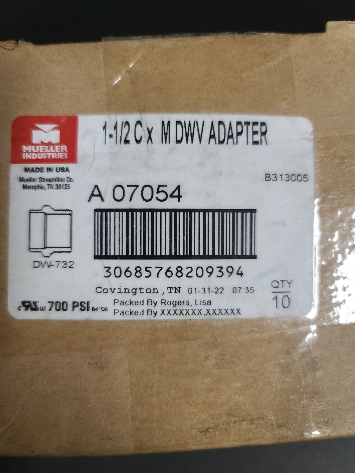 mueller industries A07054 11/2″ x M DMV Adapter qty 10