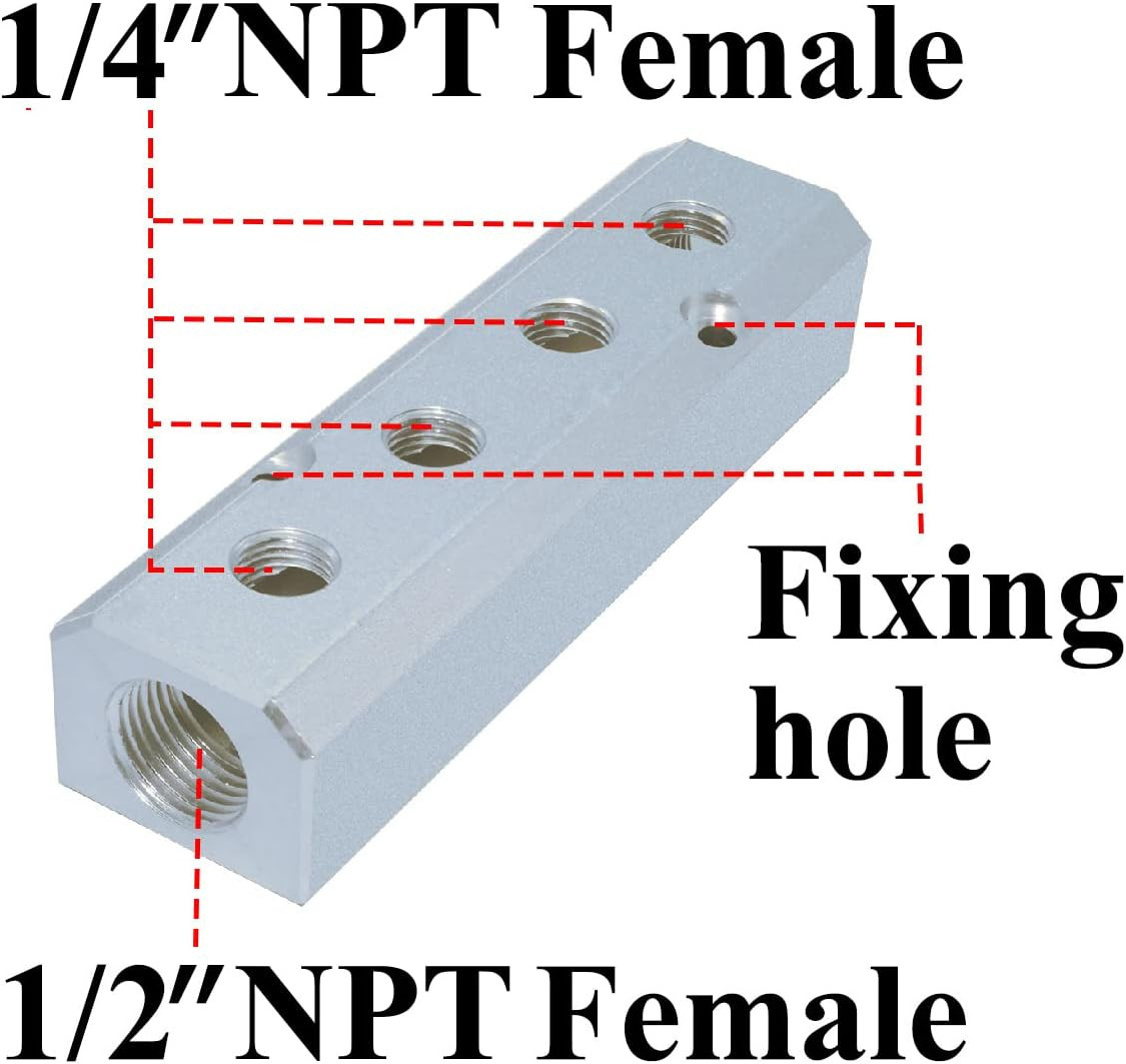 Aluminum 4-Way 6-Port 1/2″NPT Input 1/4″NPT Output Air Hose Manifold Block Split