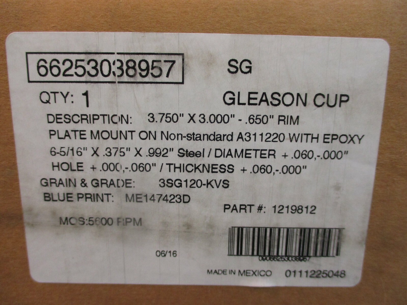 Norton Gleason Cup 3.750″ X .375″ x 3.000″ – .650″ RIM 3SG120-KVS 66253038957