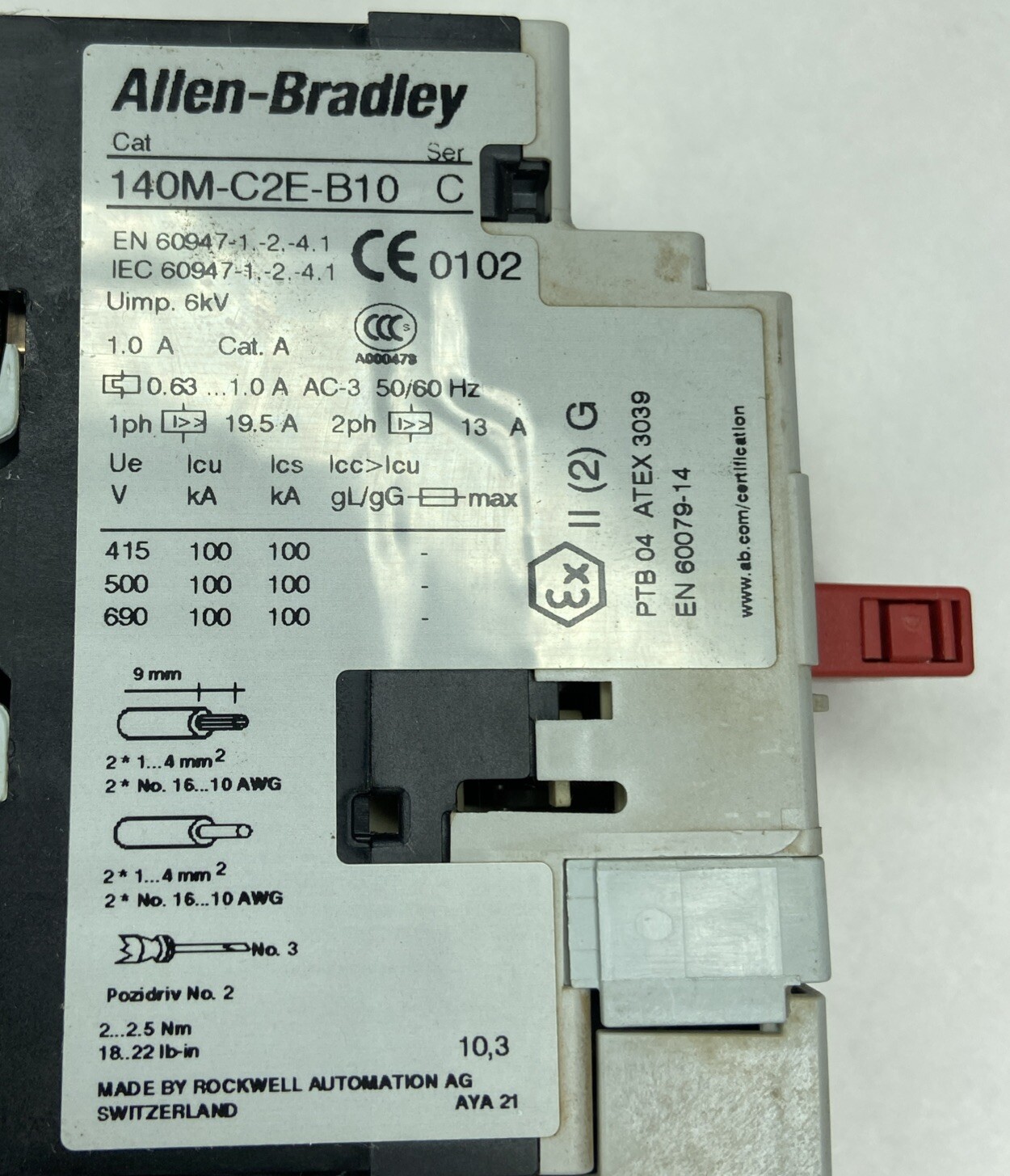 Used Allen Bradley Assembly 190S-ANDJ2-CB10C-KY, 140M-CE-B10, 100-C09D*10,138876