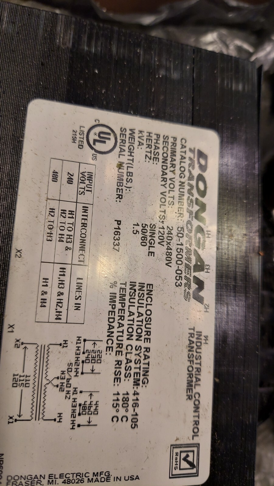 New Dongan 50-1500-053 240x480V Transformer