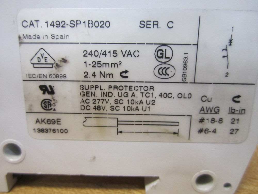 Allen Bradley 1492-SP-1B100 Circuit Breaker 1492SP1B100 2A