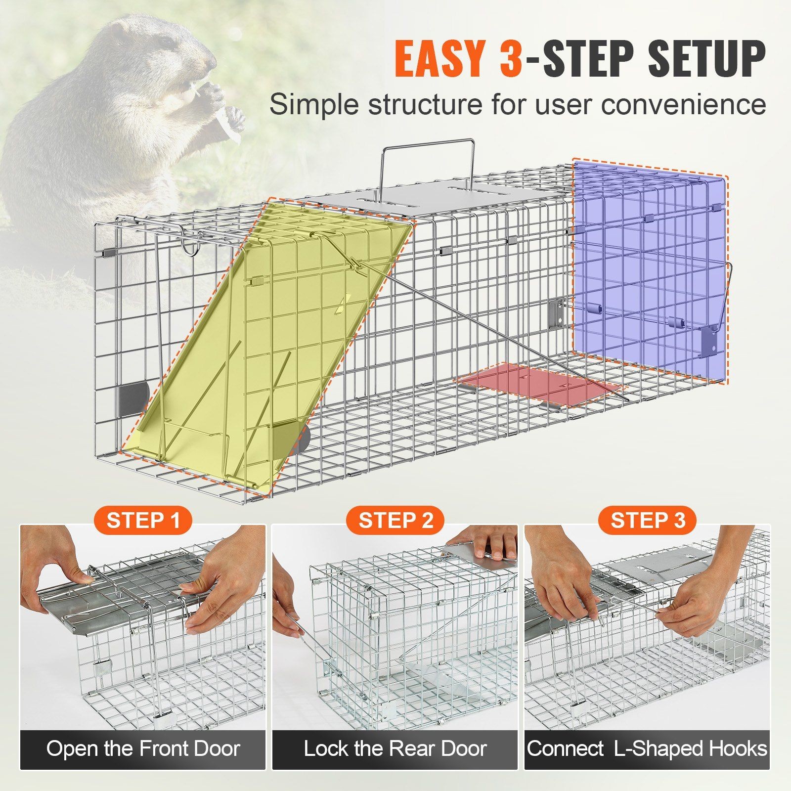 24x8x8in Foldable Galvanized Iron Animal Cage Trap 333lb Capacity & Handle