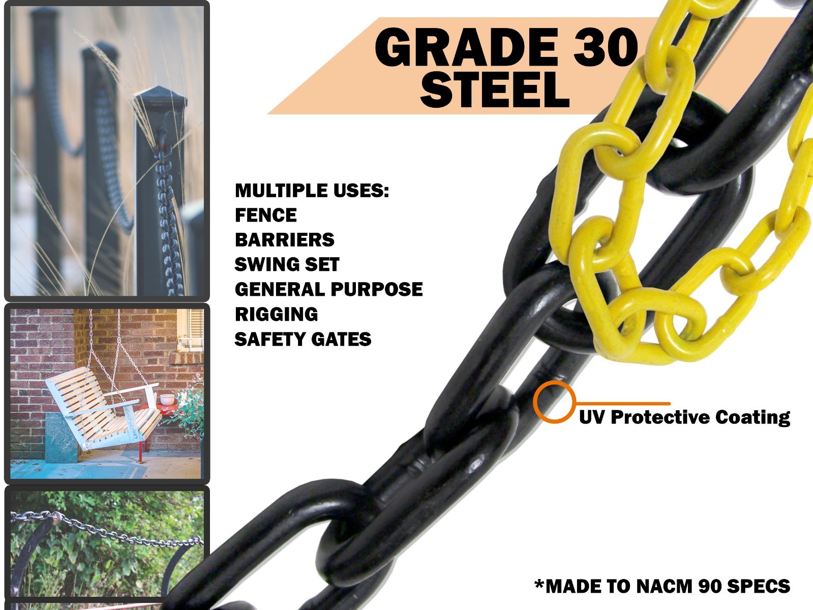 3/8″ Yellow Powder Coated Chain 50 FT Bulk Grade 30 Proof Coil Fence Gate Decor