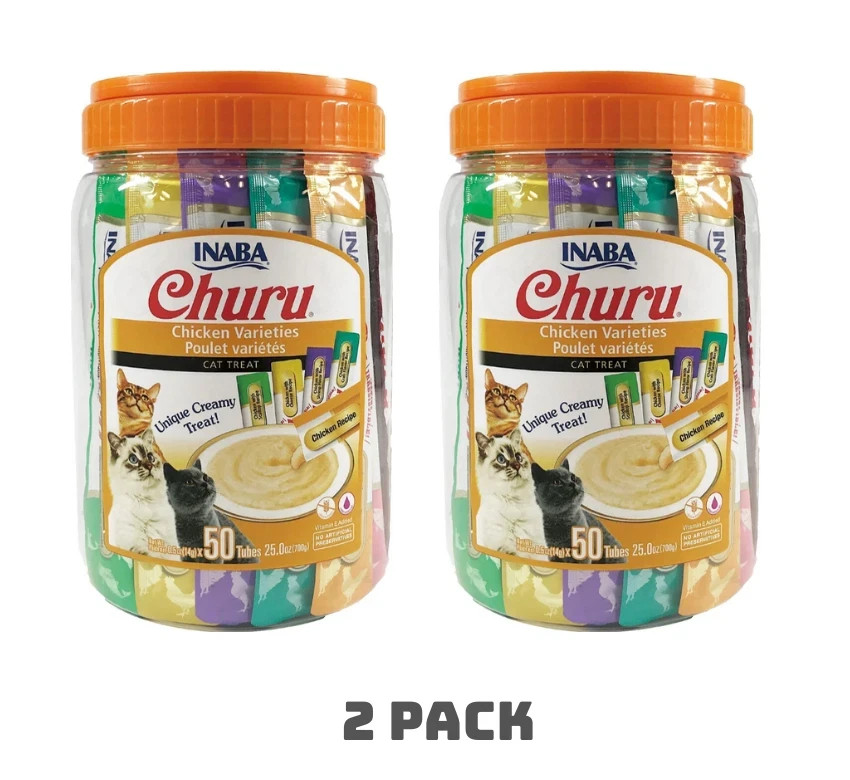 (2 Pack) INABA Churu Chicken Puree Variety Pack Lickable Cat Treats – 50 Count