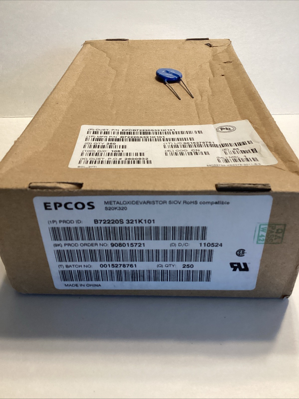 EPCOS B72220S321K101 Qty of 250 per Lot S20K320 METALOXIDEVARISTOR SIOV ROHS