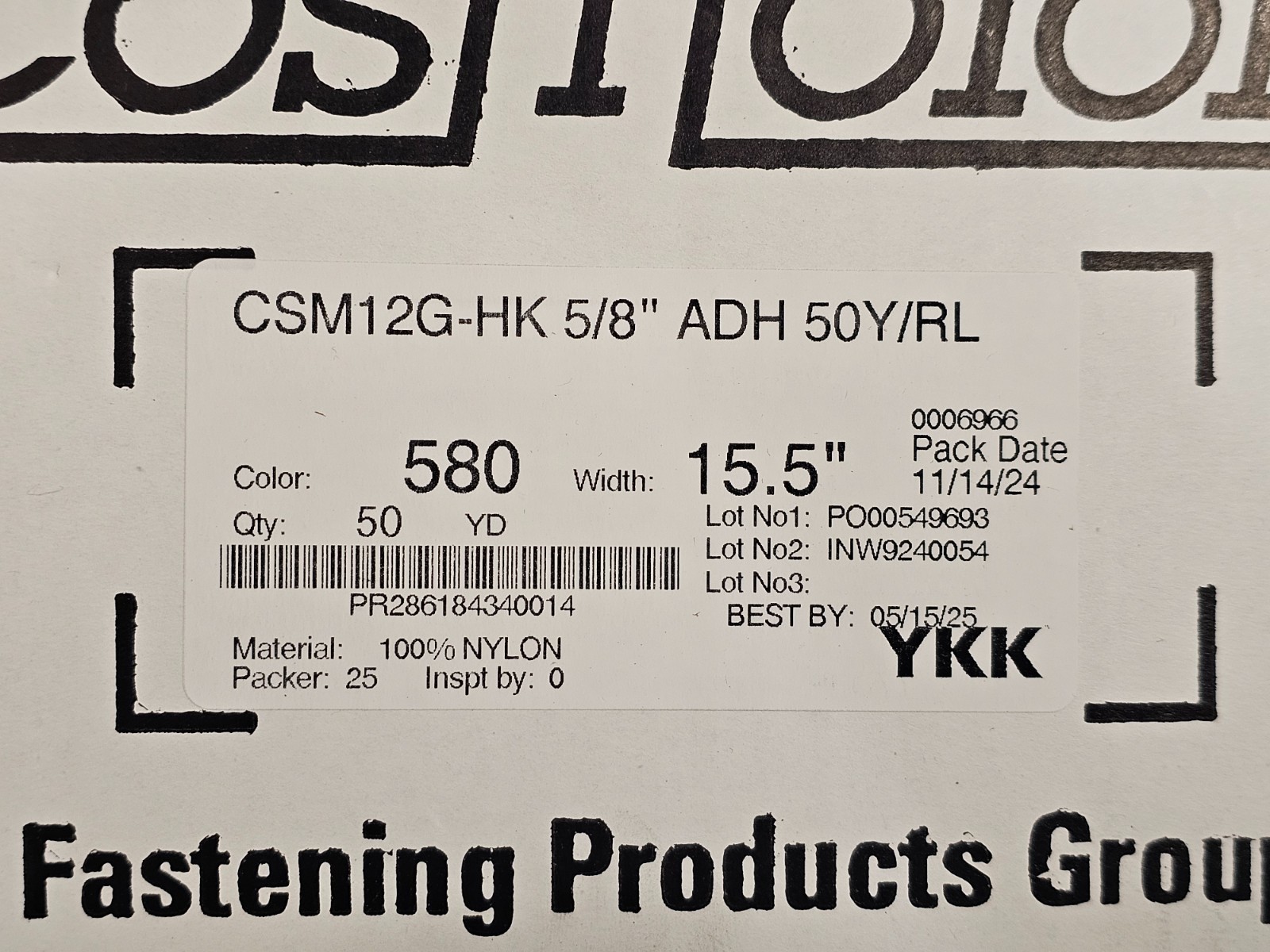 YKK Cosmolon PR286184340014 CSM12G-HK 5/8″ ADH Closure Tape 50 Yard, Nylon