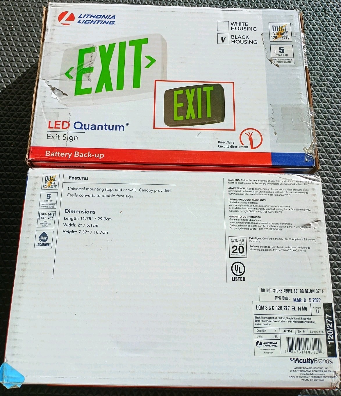 (2) LITHONIA LQM-S3G-120/277-EL-N-M6 Black Exit Signs LQMS3G120277ELNM6