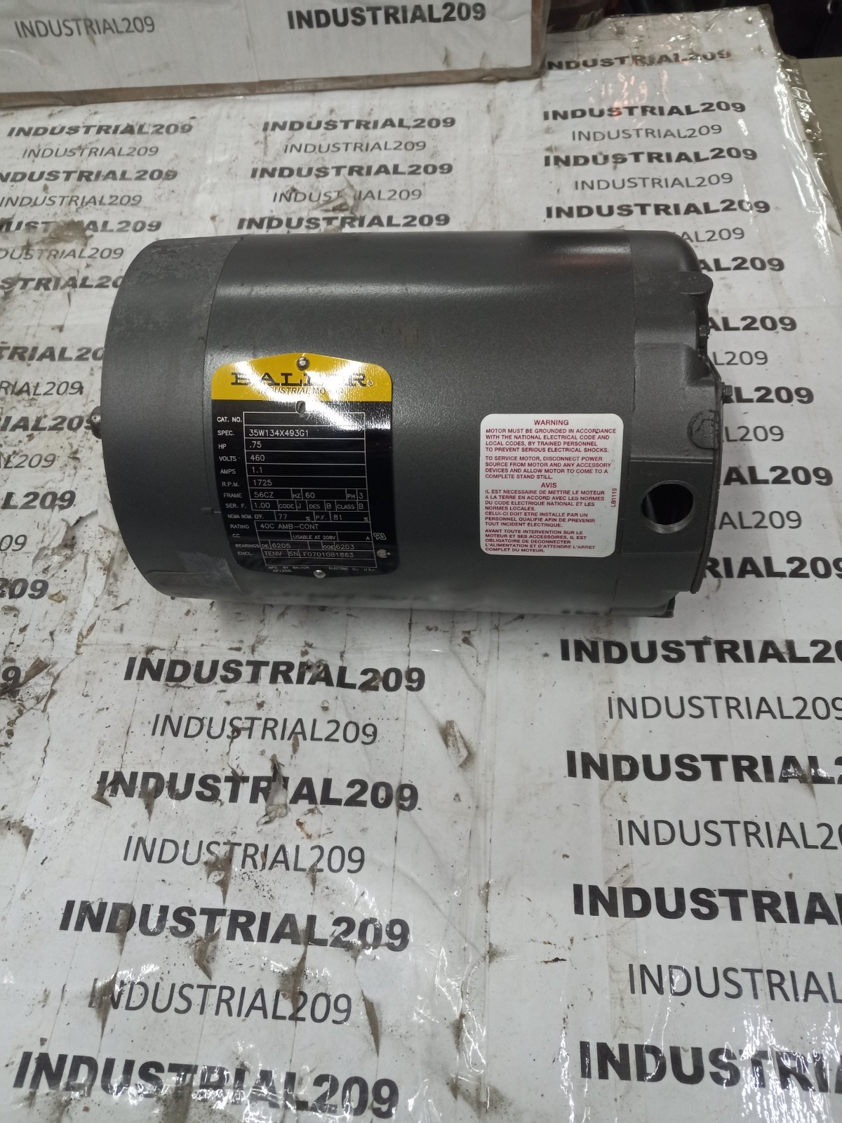 0.75HP BALDOR RELIANCE 35W134X493G1 MOTOR 1725RPM FR:56CZ
