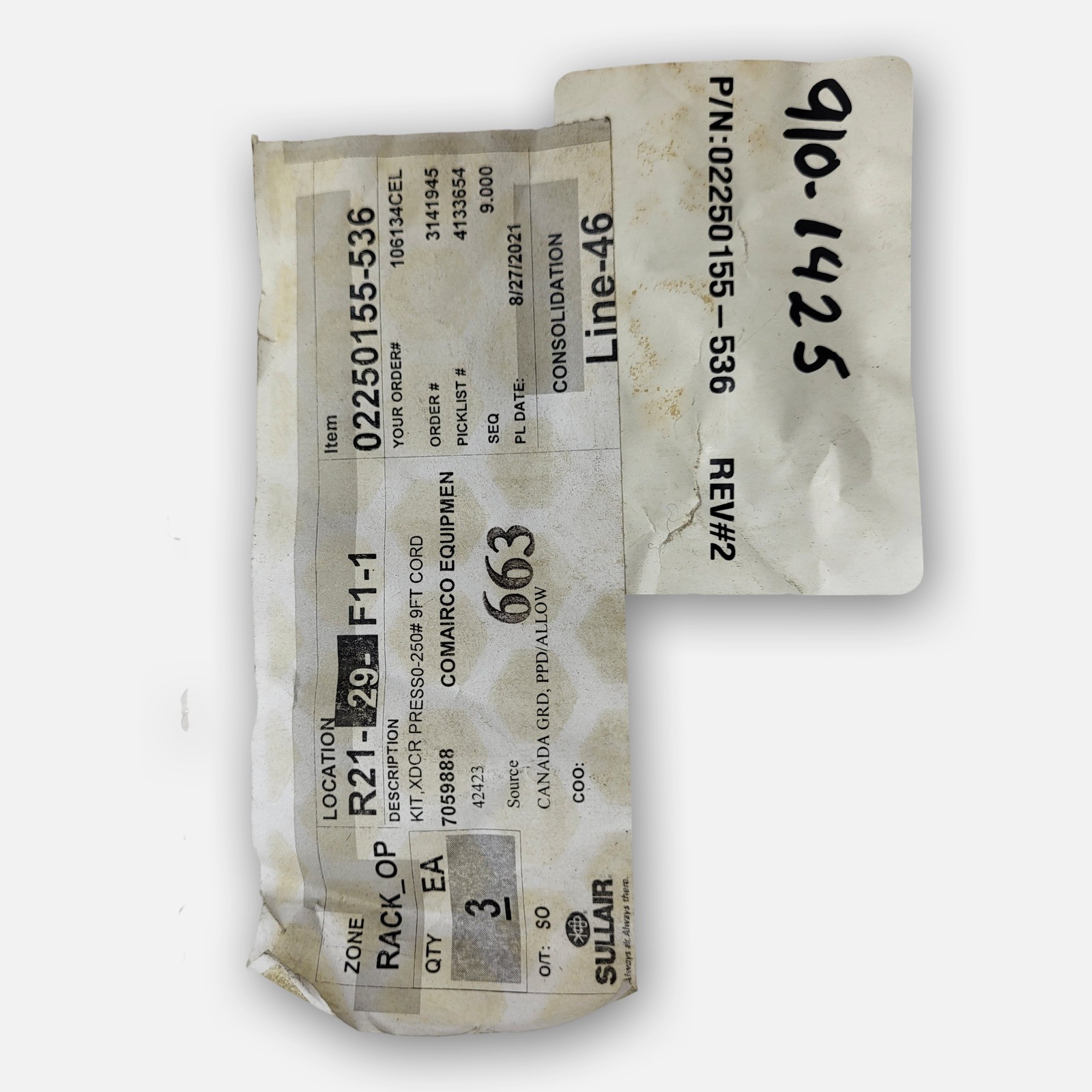 NEW COMAIRCO EQUIPMENT 02250155-536 9′ CORD XDCR PRESS0-250#