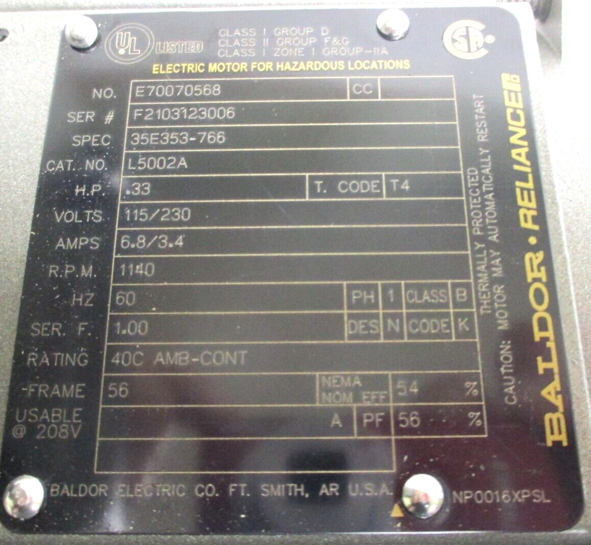 BALDOR-RELIANCE , ELECTRIC MOTOR , L5002A , 0.33-HP , 1140-RPM , SURPLUS