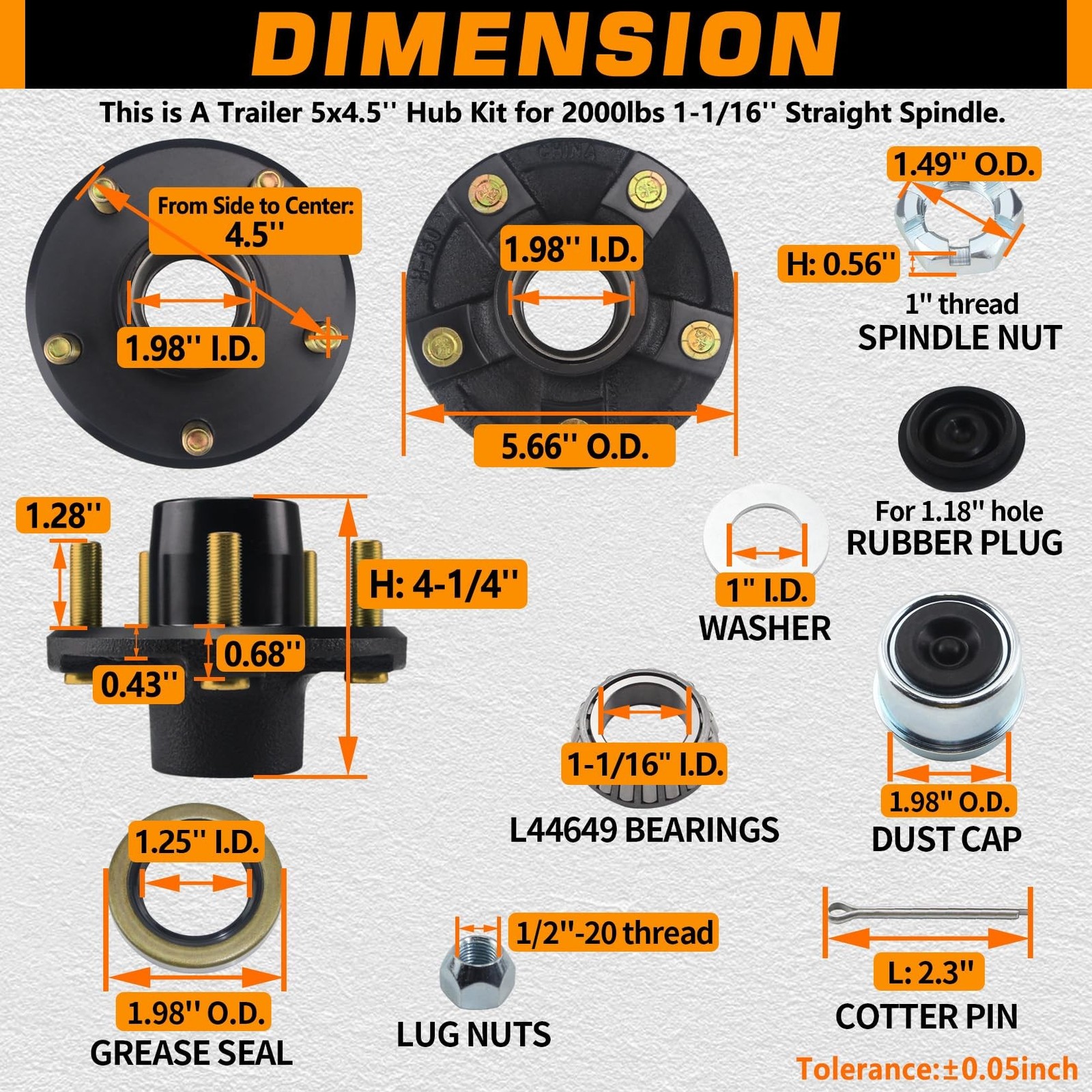 2 Sets Trailer Hub Kits 5 on 4.5” for 2000 lbs 1-1/16” Straight Spindle, Pr…