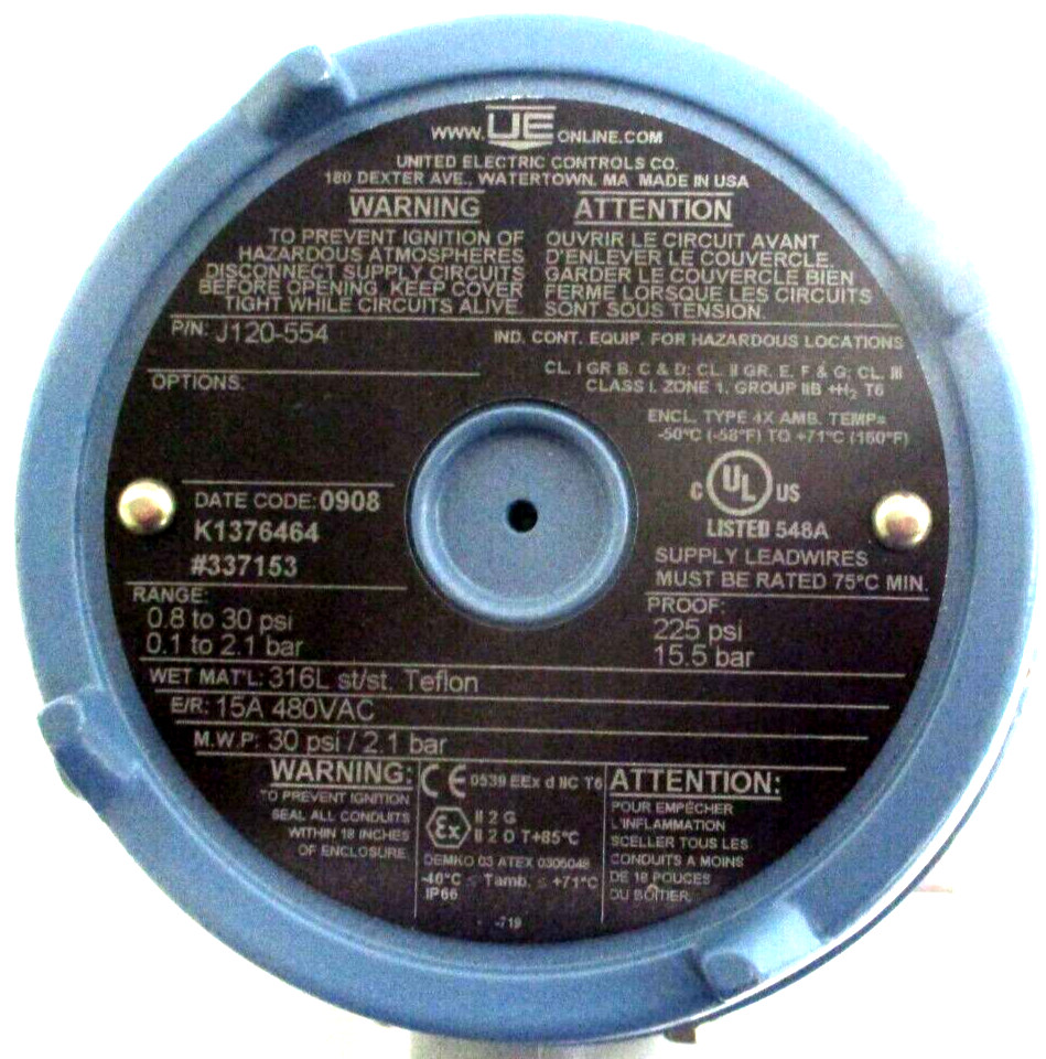 UNITED ELECTRIC CONTROL, J120-554, RANGE 0.8-30 PSI, SURPLUS