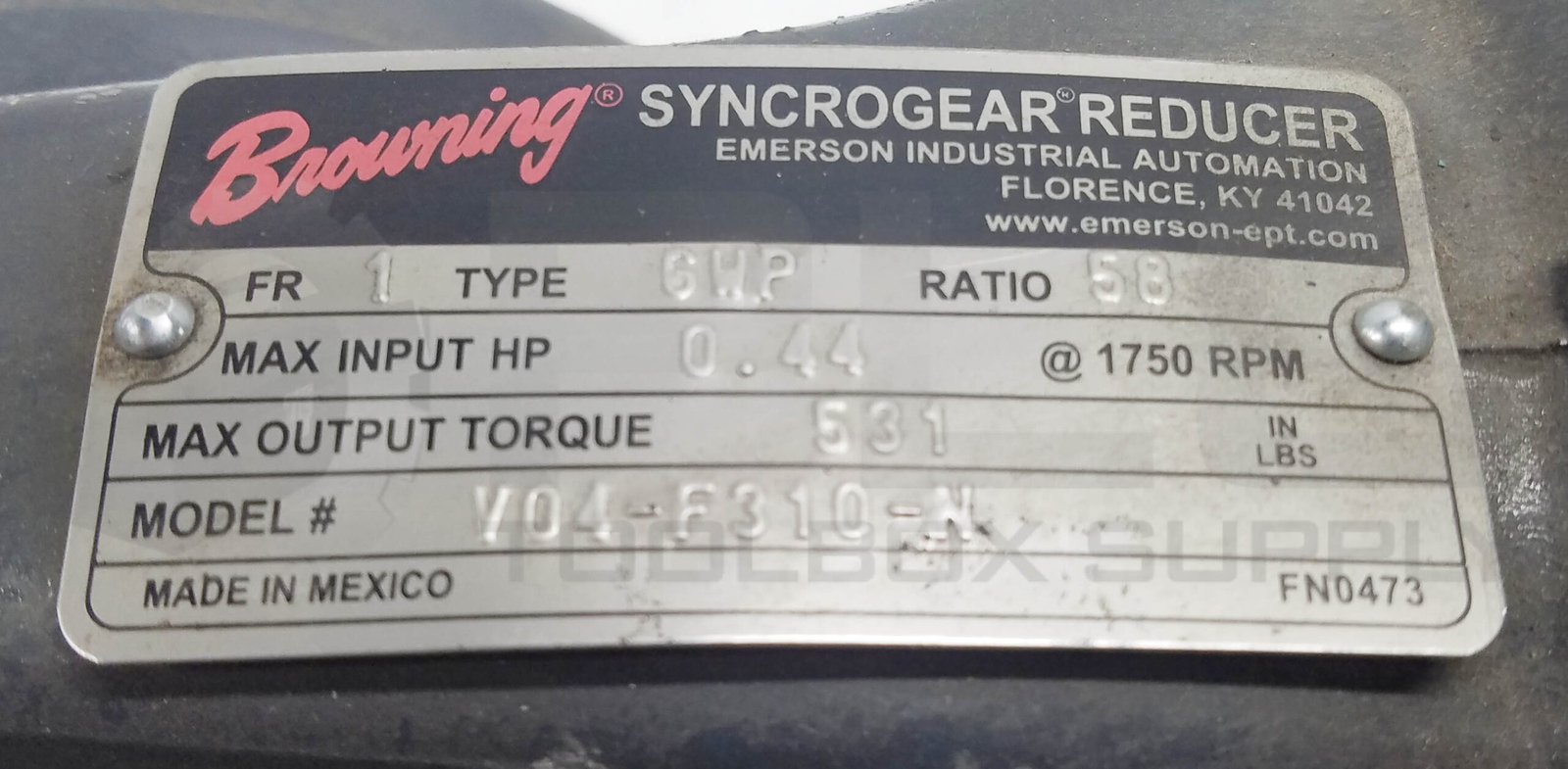 BROWNING EMERSON V0-F310-N SYNCROGEAR REDUCER RATIO: 58, E523-SEP 1/3HP 1725RPM