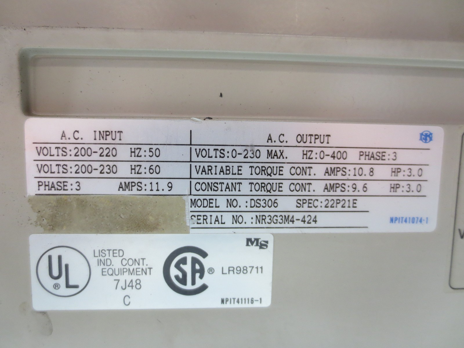 POWRMASTER AC SPINDLE DRIVE POWERMASTER IDM DS306 22P21E NR3G3M4-424 TYPE 1