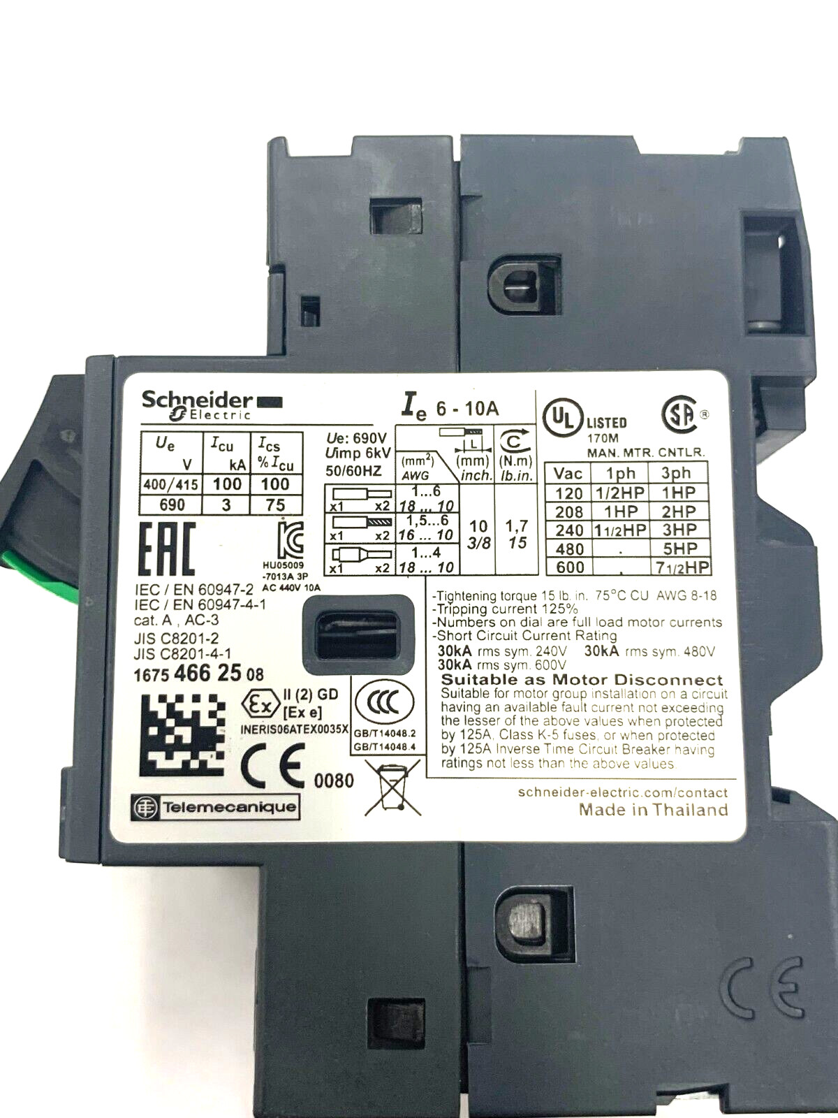 SCHNEIDER ELECTRIC MOTOR CIRCUIT BREAKER GV2ME14 600V